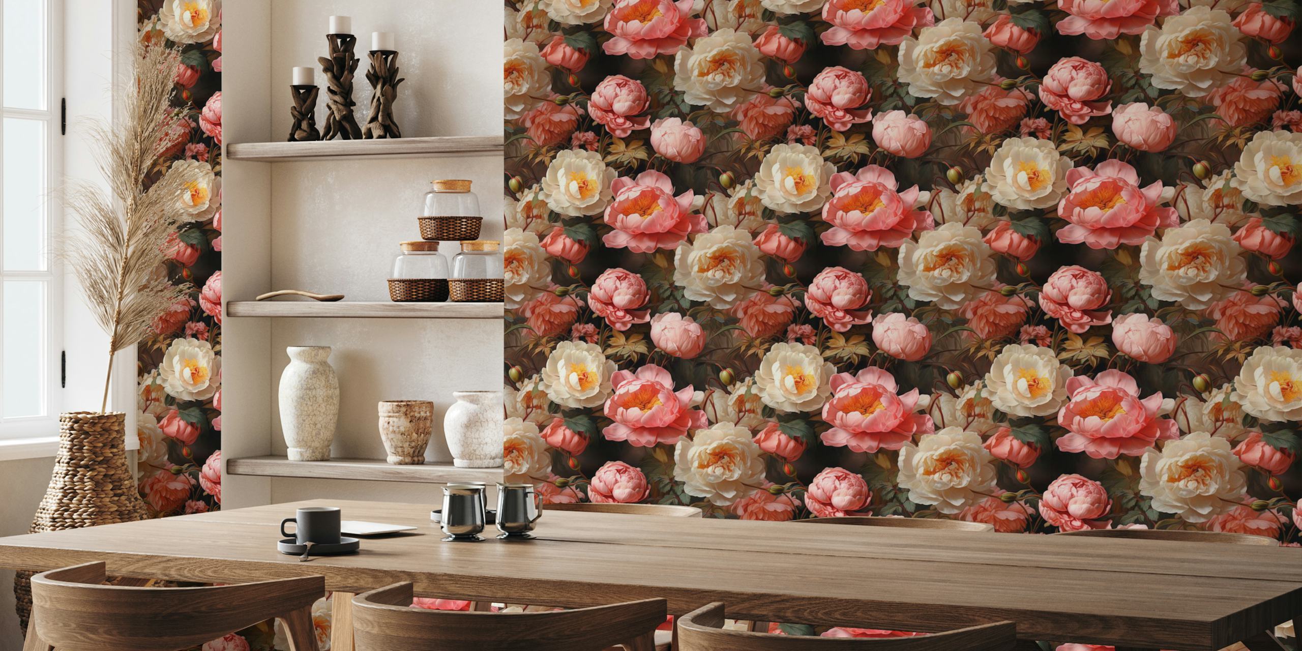 Lush pink and ivory peonies on a dark background wall mural