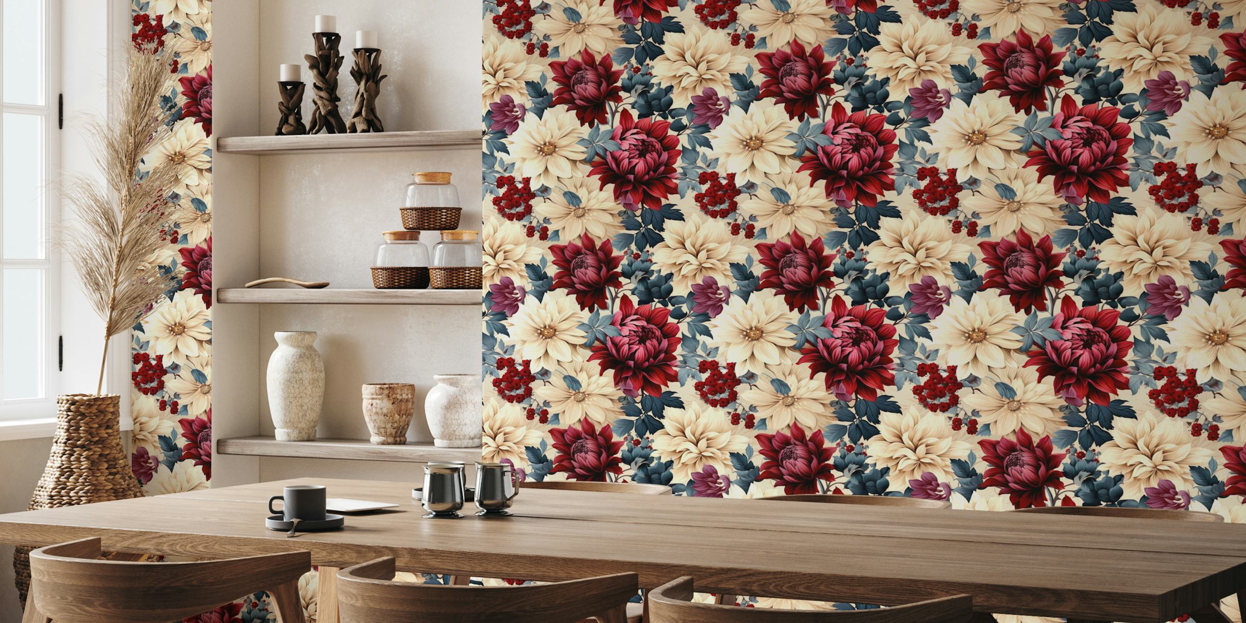 A close-up of the Whimsical Peony Delight wall mural showcasing red, blue, and cream peonies.