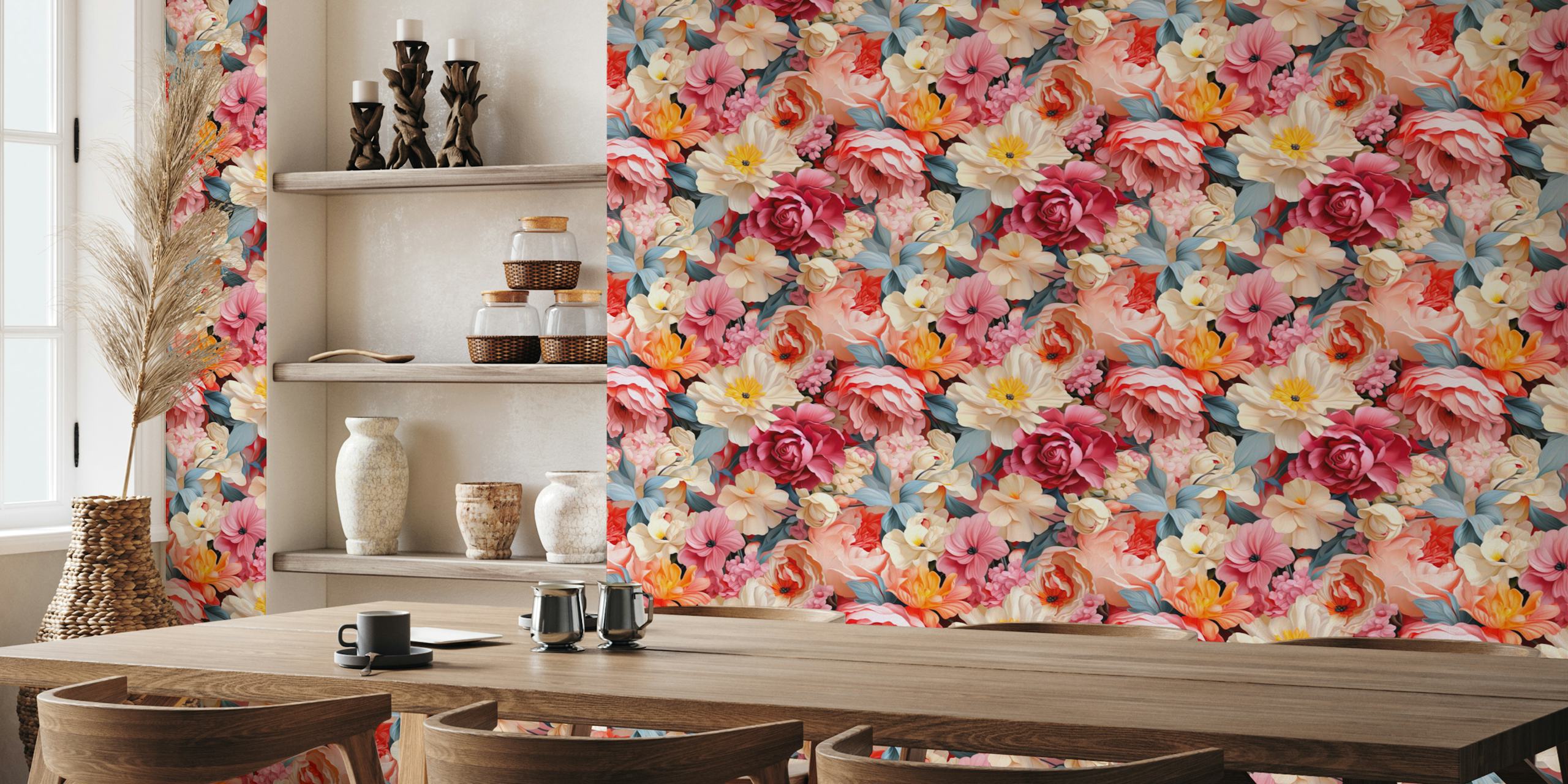 Živopisni pastelni tapiserijski zidni mural božur s mješavinom ružičastog, krem i plavog cvijeća.