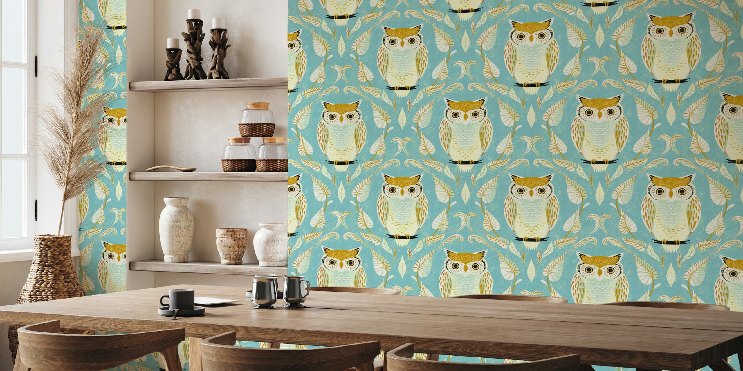 Snow owl on sky blue damask wallpaper