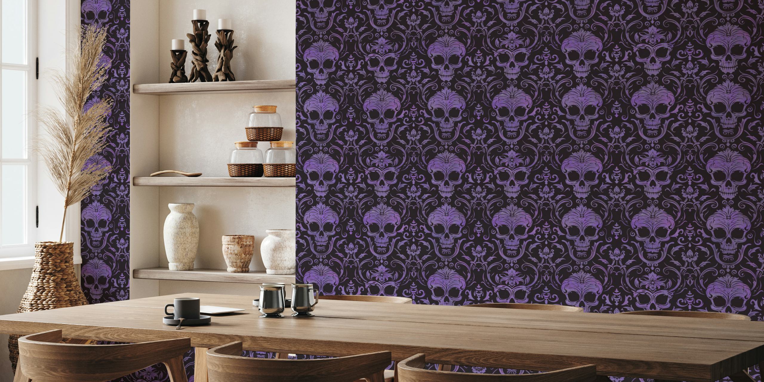 Purple skull damask pattern wallpaper with ornate elements