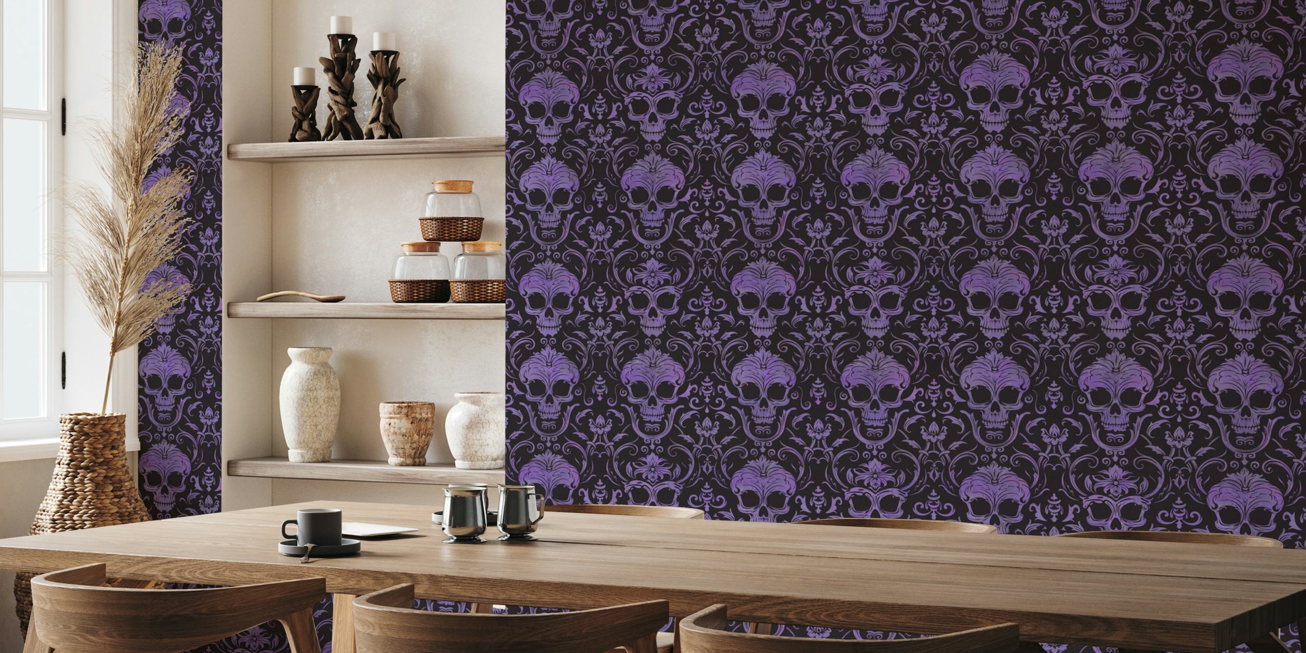 Gotisch schedeldamastpatroon op paarse muurschildering als achtergrond