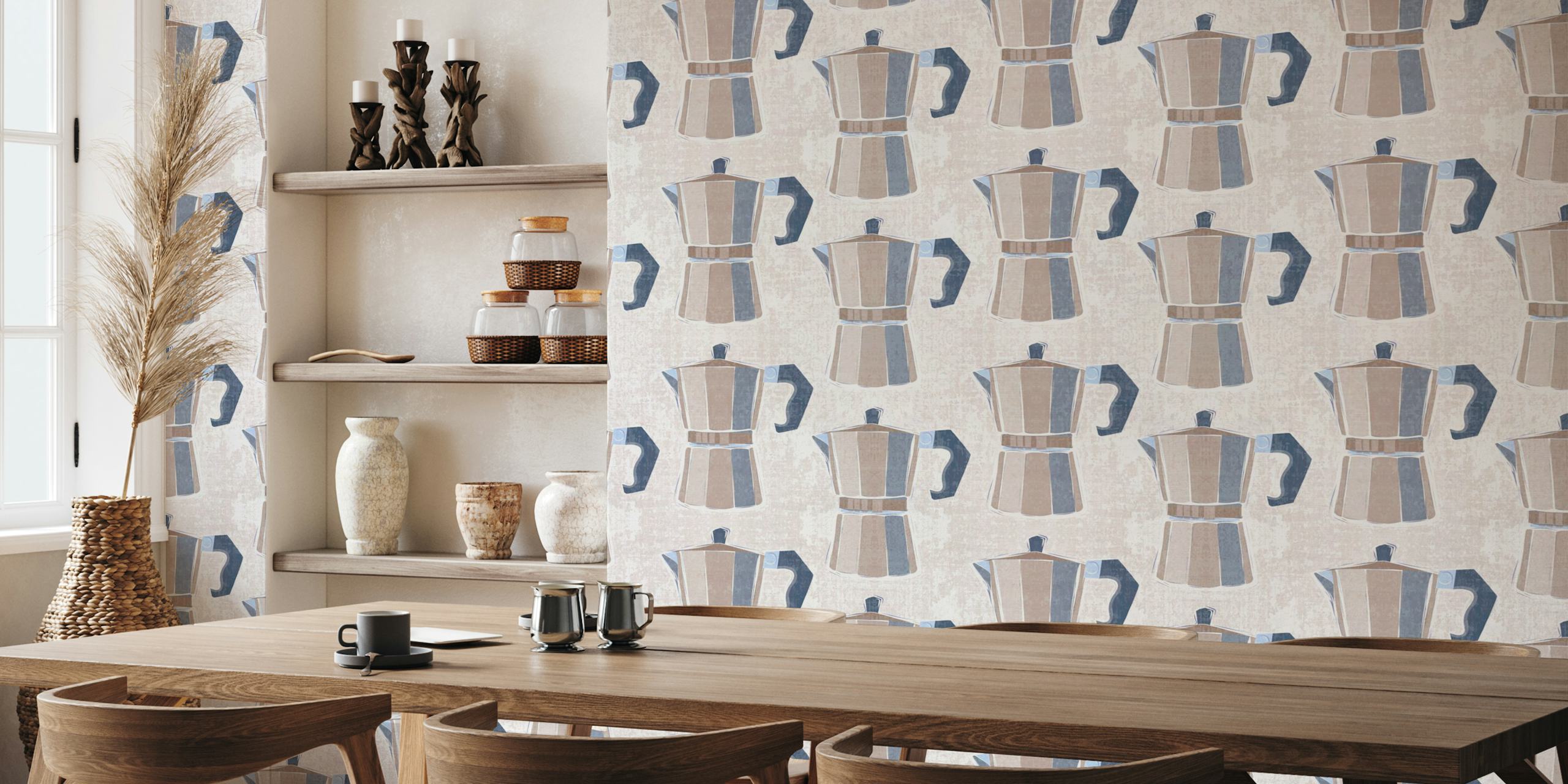 Fototapete im Pop-Art-Stil mit italienischen Kaffeemaschinen und Moka-Kannen in einer neutralen Farbpalette.