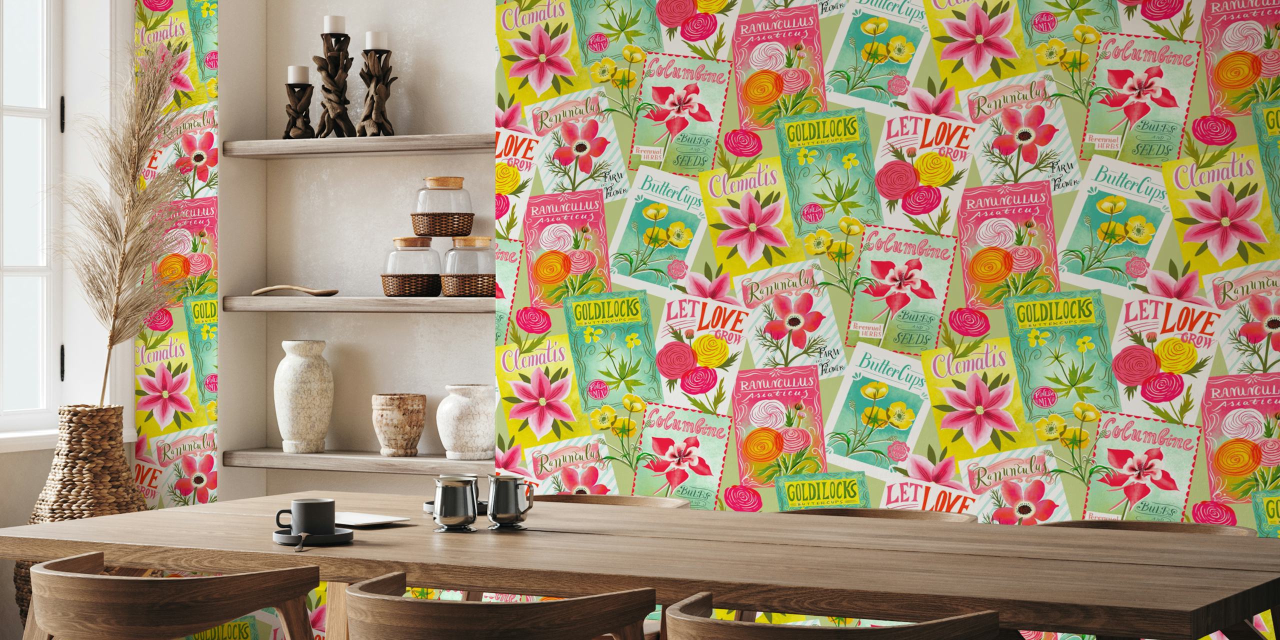 Vintage seed packets wallpaper design in a room