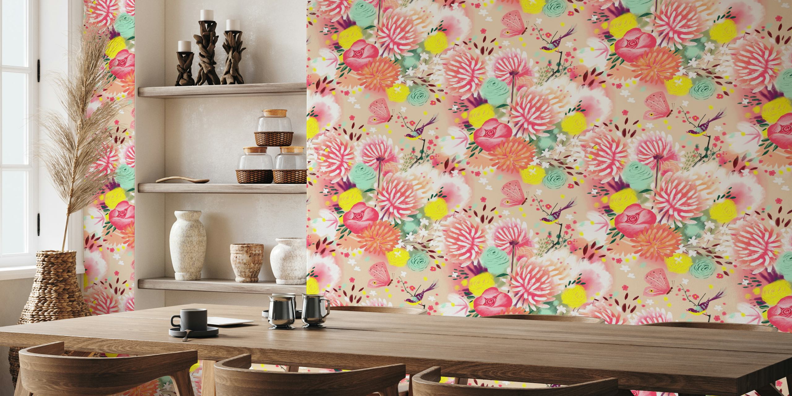 Διακοσμητικό τοιχογραφία με soft spring flowers σε παστέλ χρώματα με μια gentle butterfly.