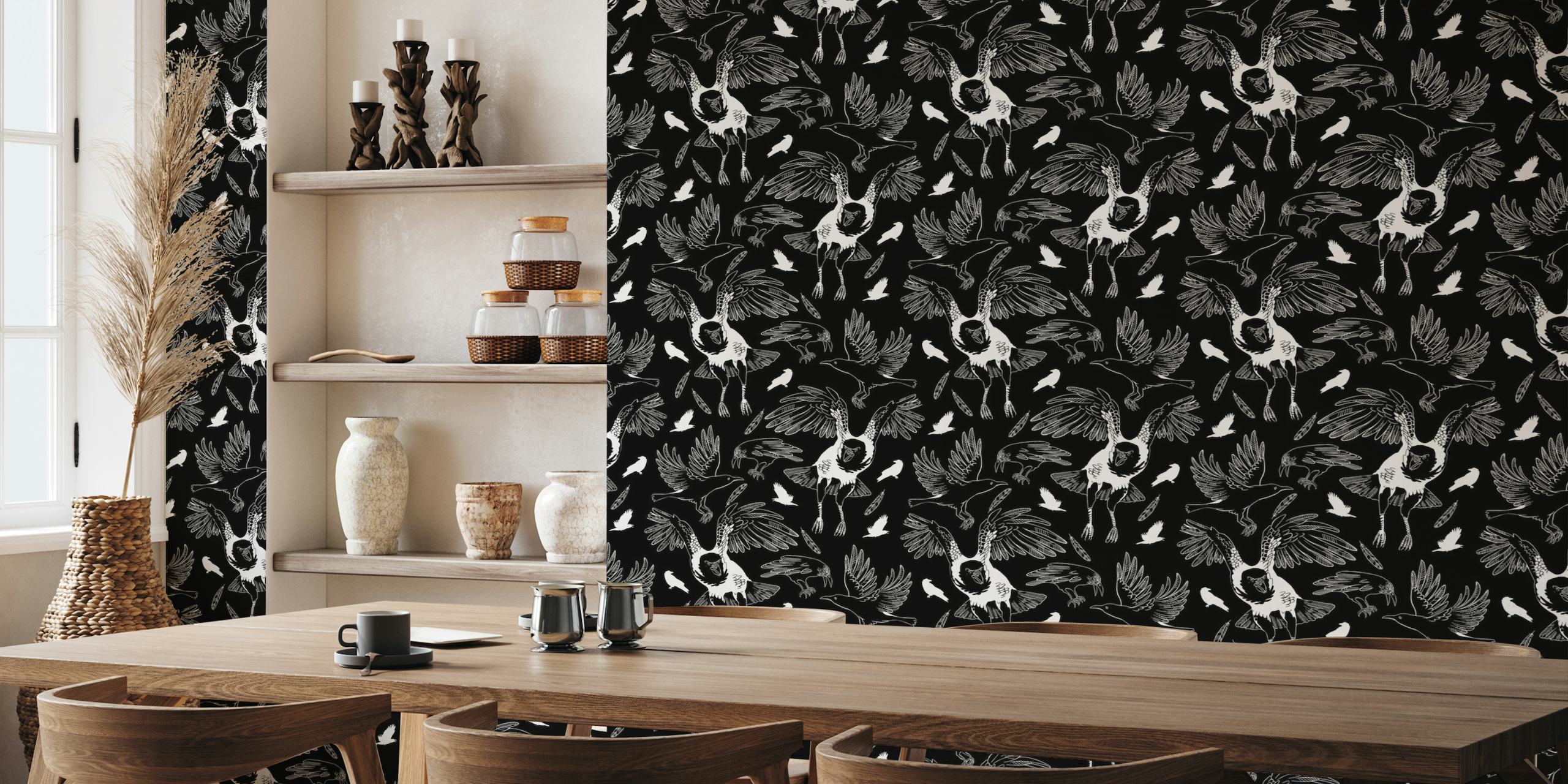 A wall mural featuring an illustration of crows and ravens in black and white.