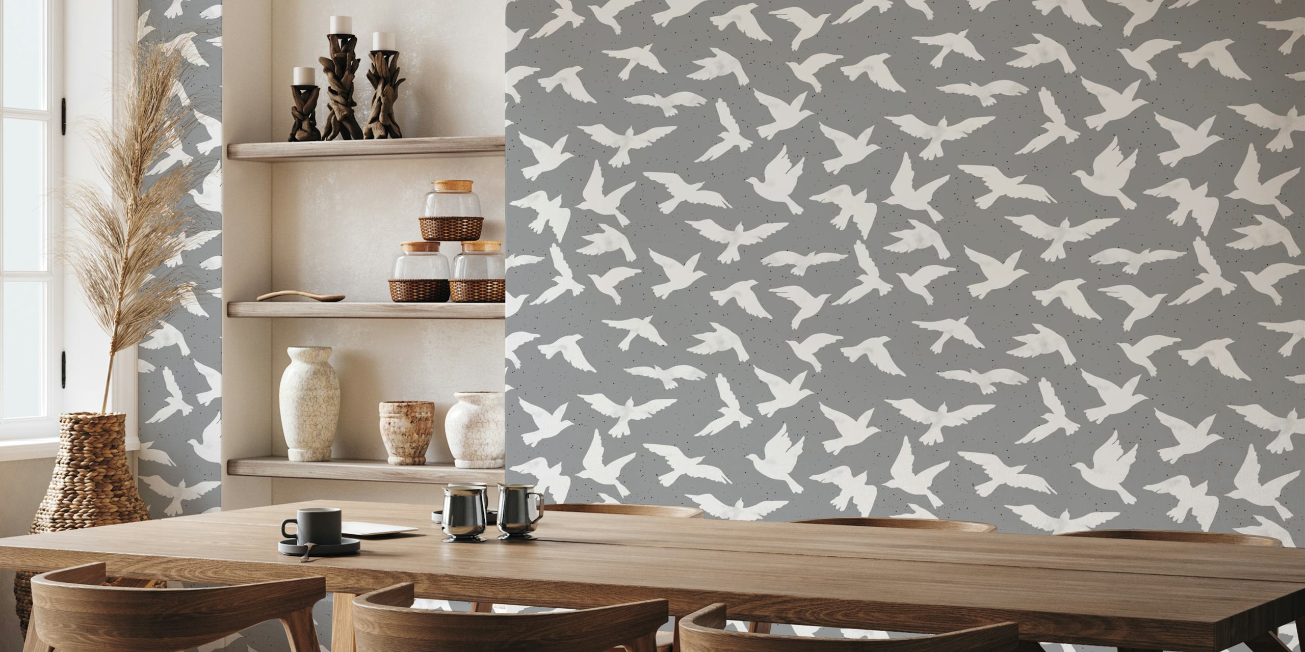 White bird silhouettes on gray background wallpaper