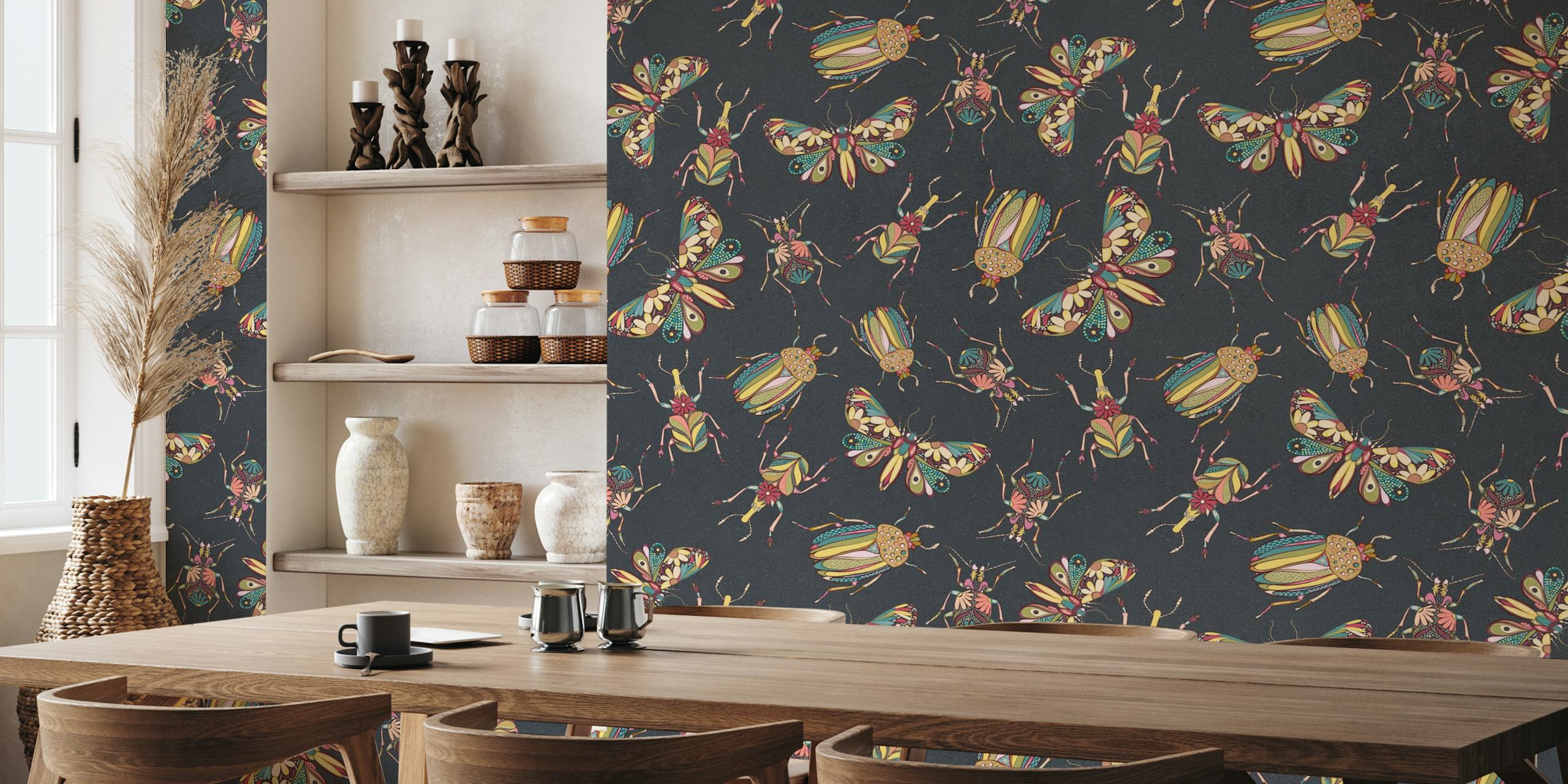 Blumenwandbild mit böhmischen Käfern und Schmetterlingen auf schwarzem Hintergrund