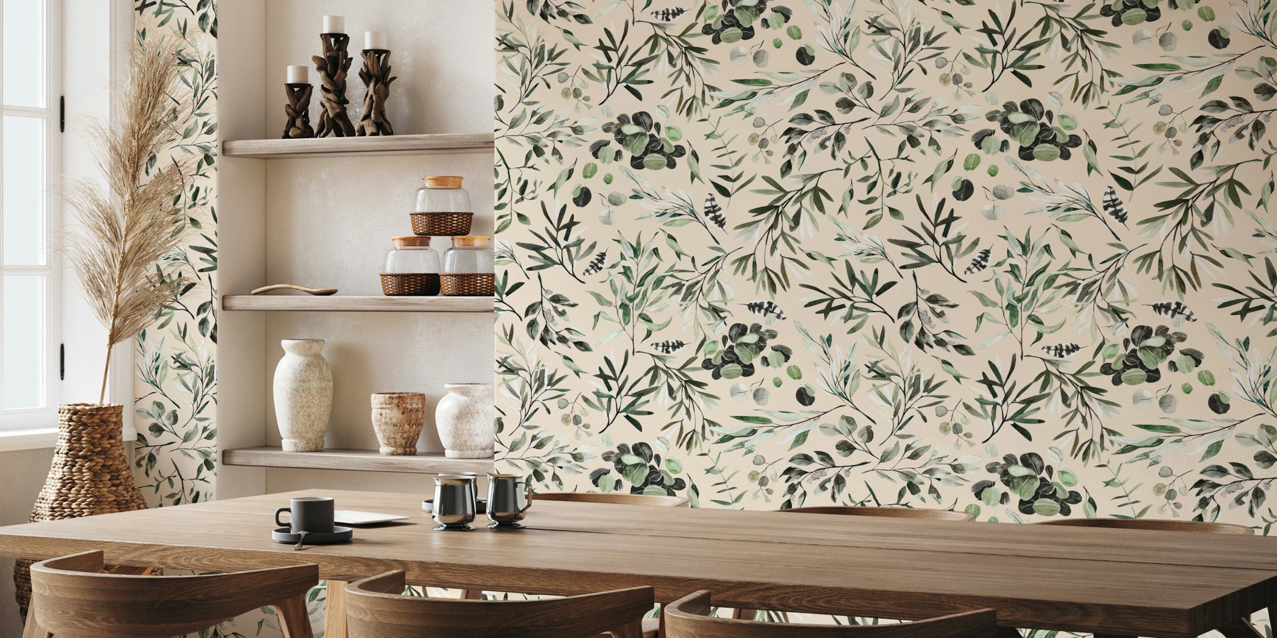 Wandpapier met botanisch groen en bessenmotief voor een natuurlijke interieur vibe
