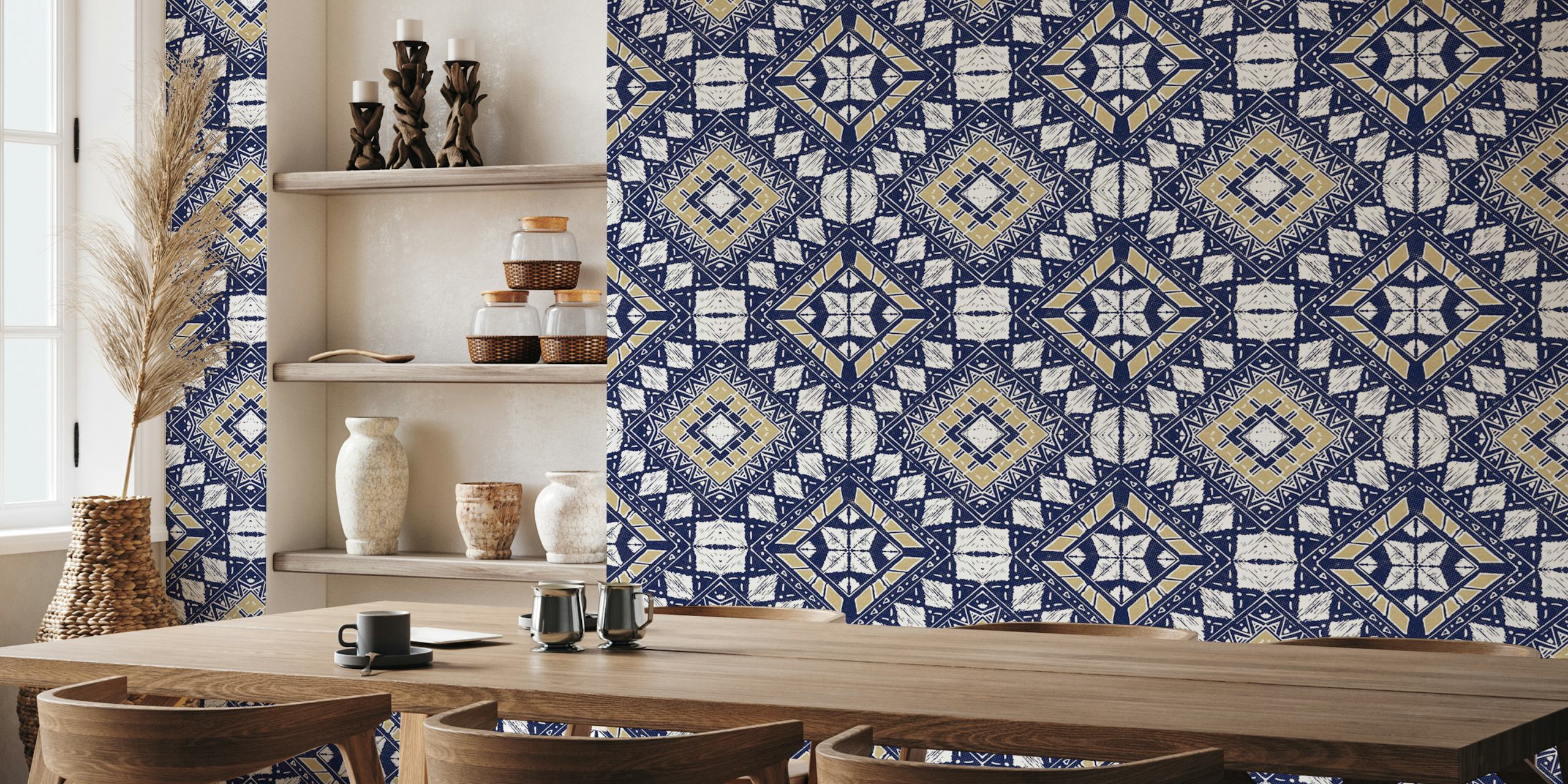 Geometric tribal pattern in navy blue and gold colors wallpaper
