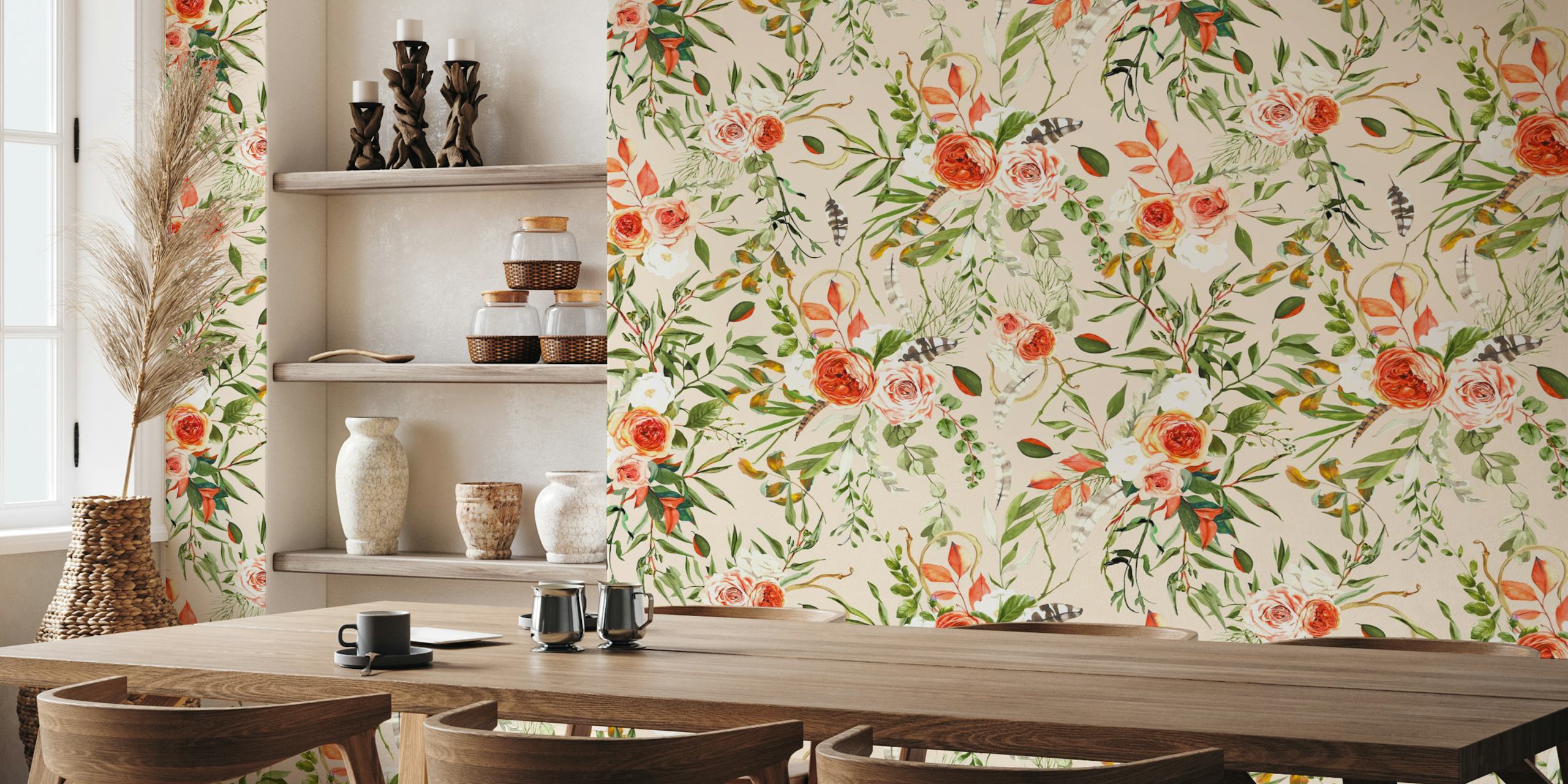 Floral wallpaper with soft peach roses, green leaves, and decorative feathers
