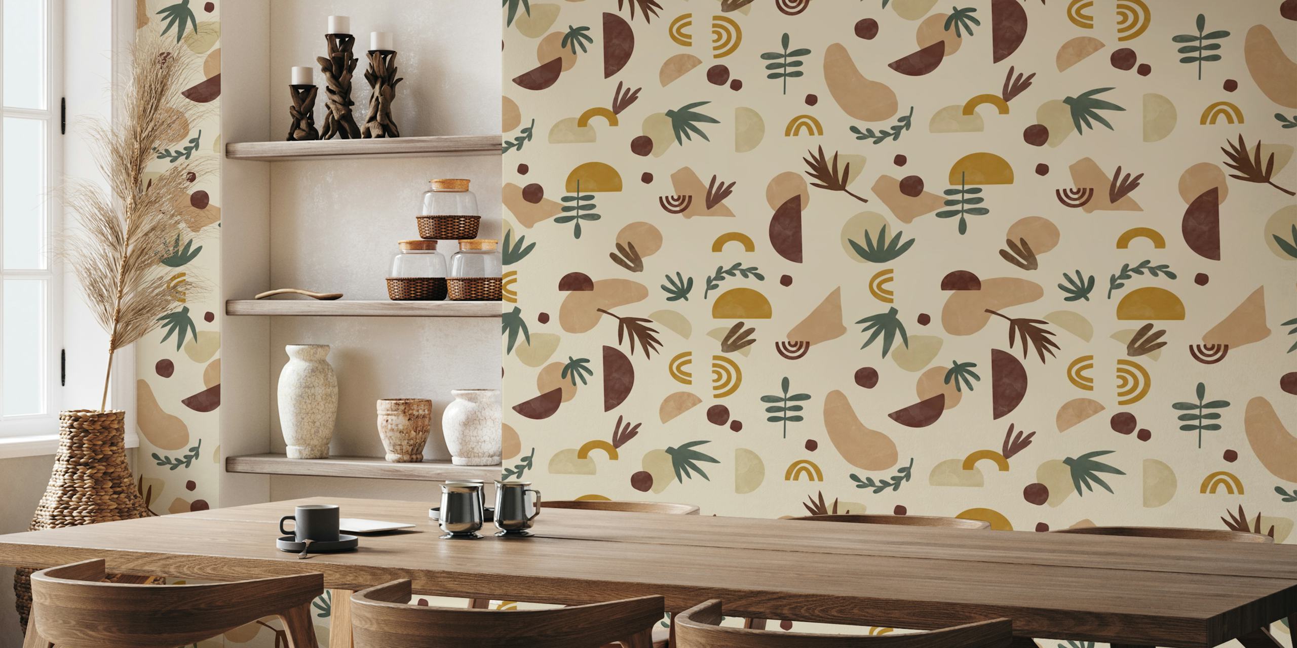 Abstract nature-inspired wall mural with soft beige, maroon, green, and mustard yellow shapes