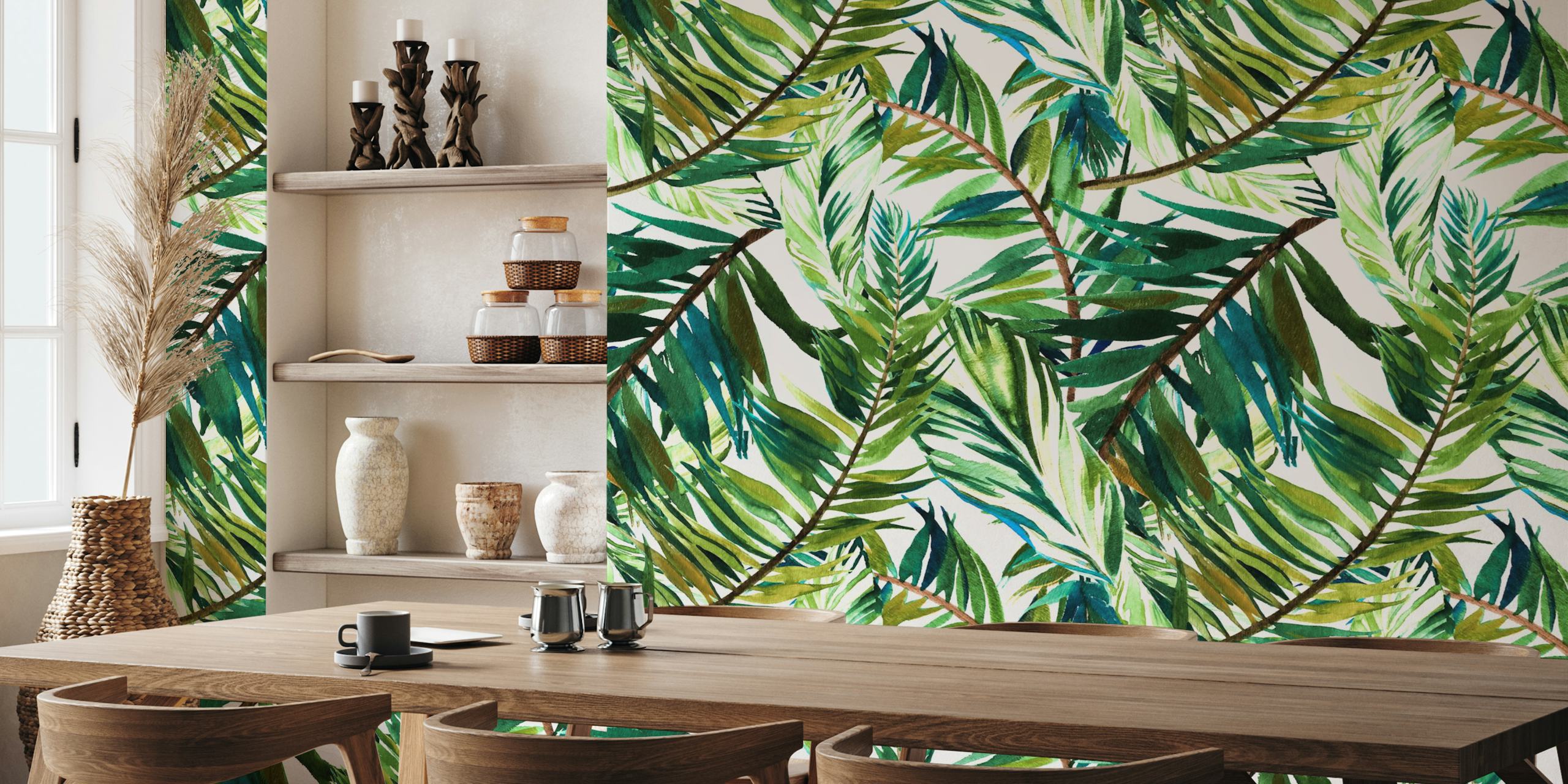 Leaf the jungle watercolor tapet i et rum