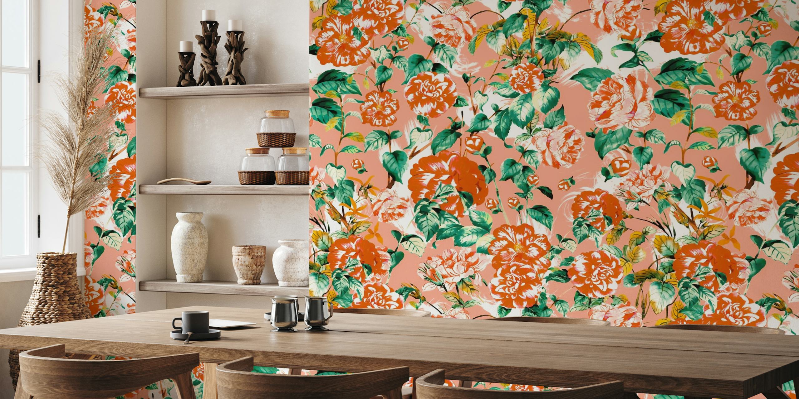 Floral wall mural with coral background and vibrant green foliage
