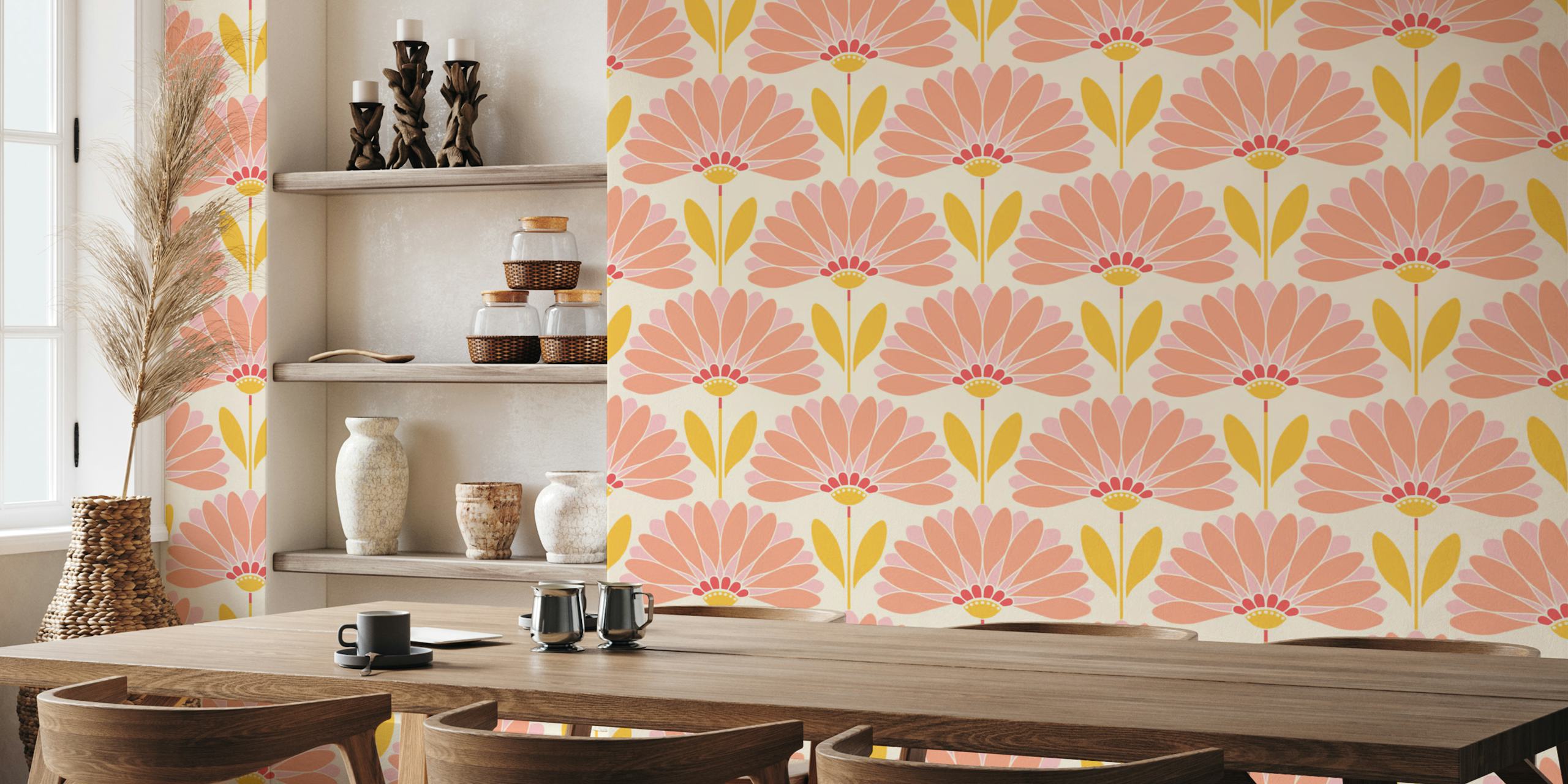 Peach and yellow daisy flowers with leaves wallpaper