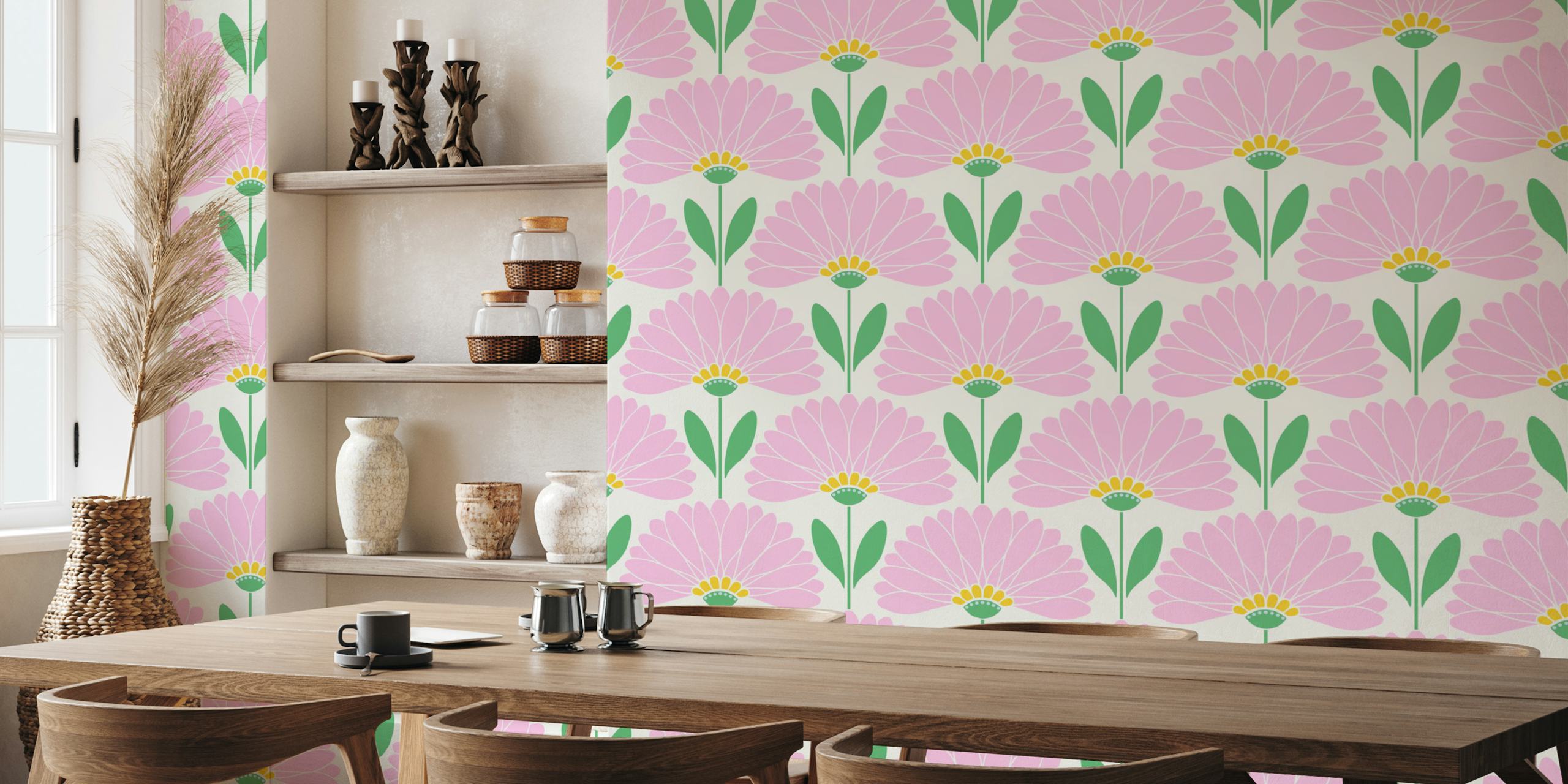 Design tapety Pink and Green Daisy v místnosti
