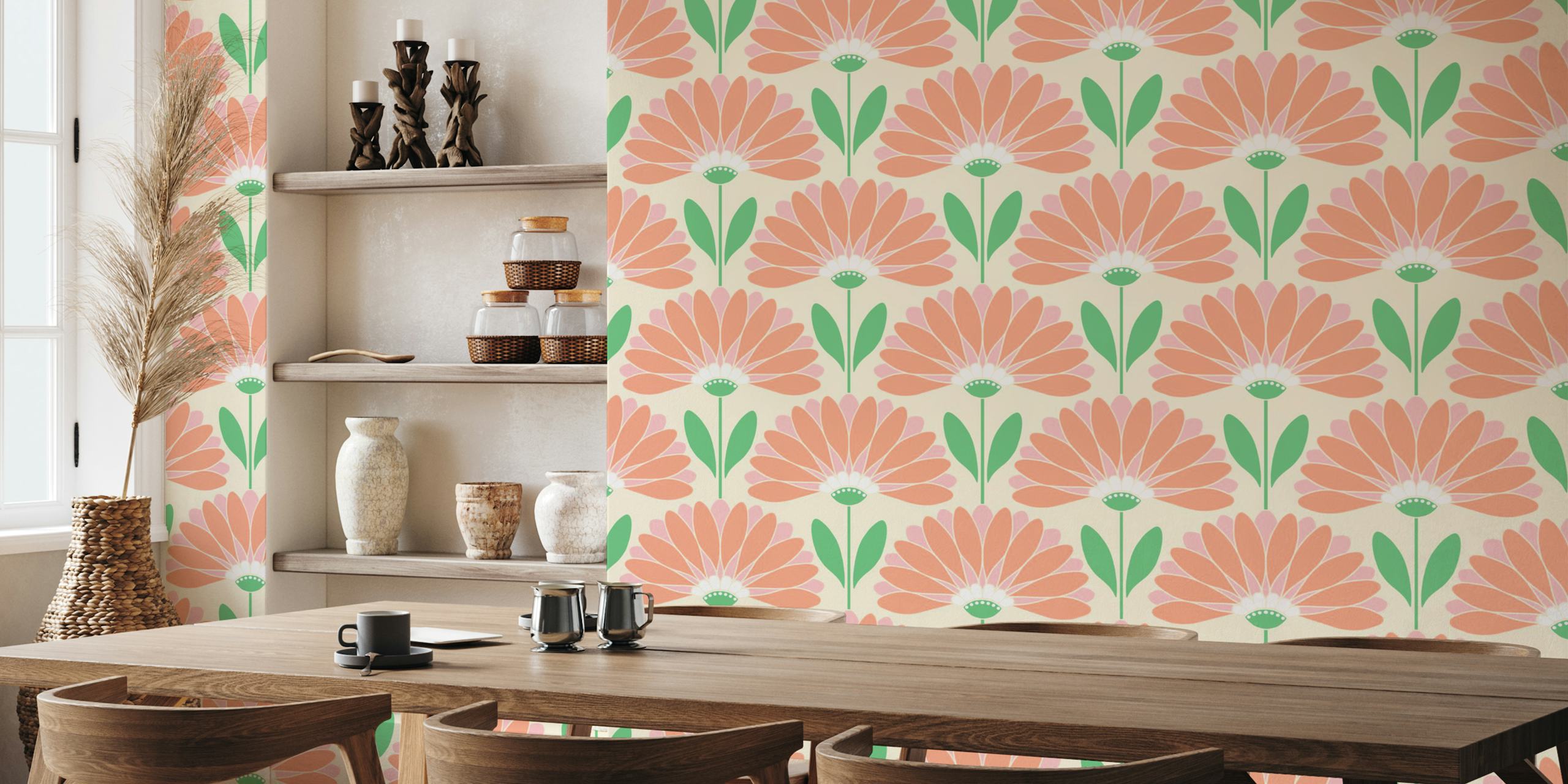 Pink Peach and Green Daisy tapet i ett rum