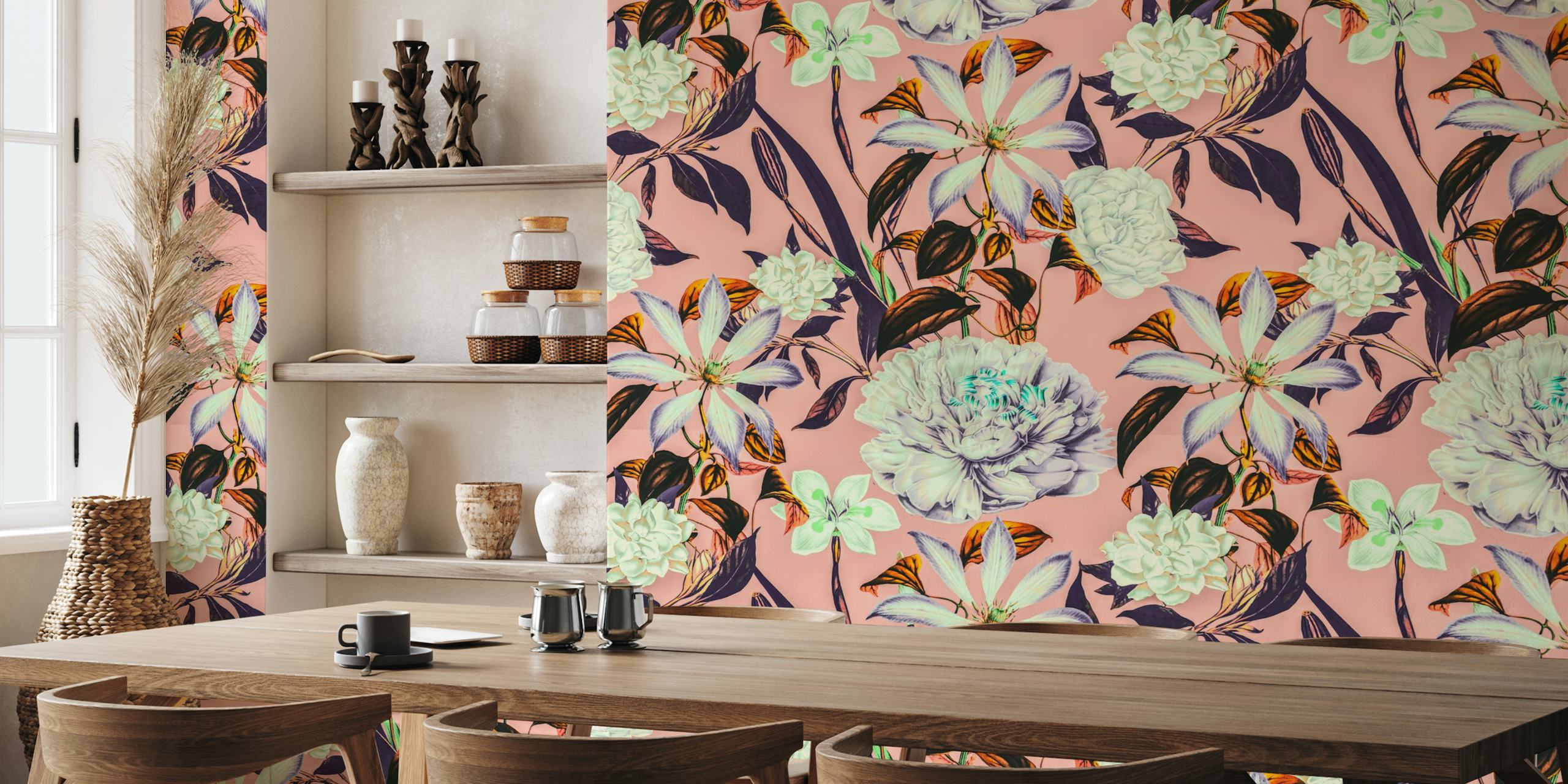 Floral wallpaper with pink background and white, purple, and green flowers