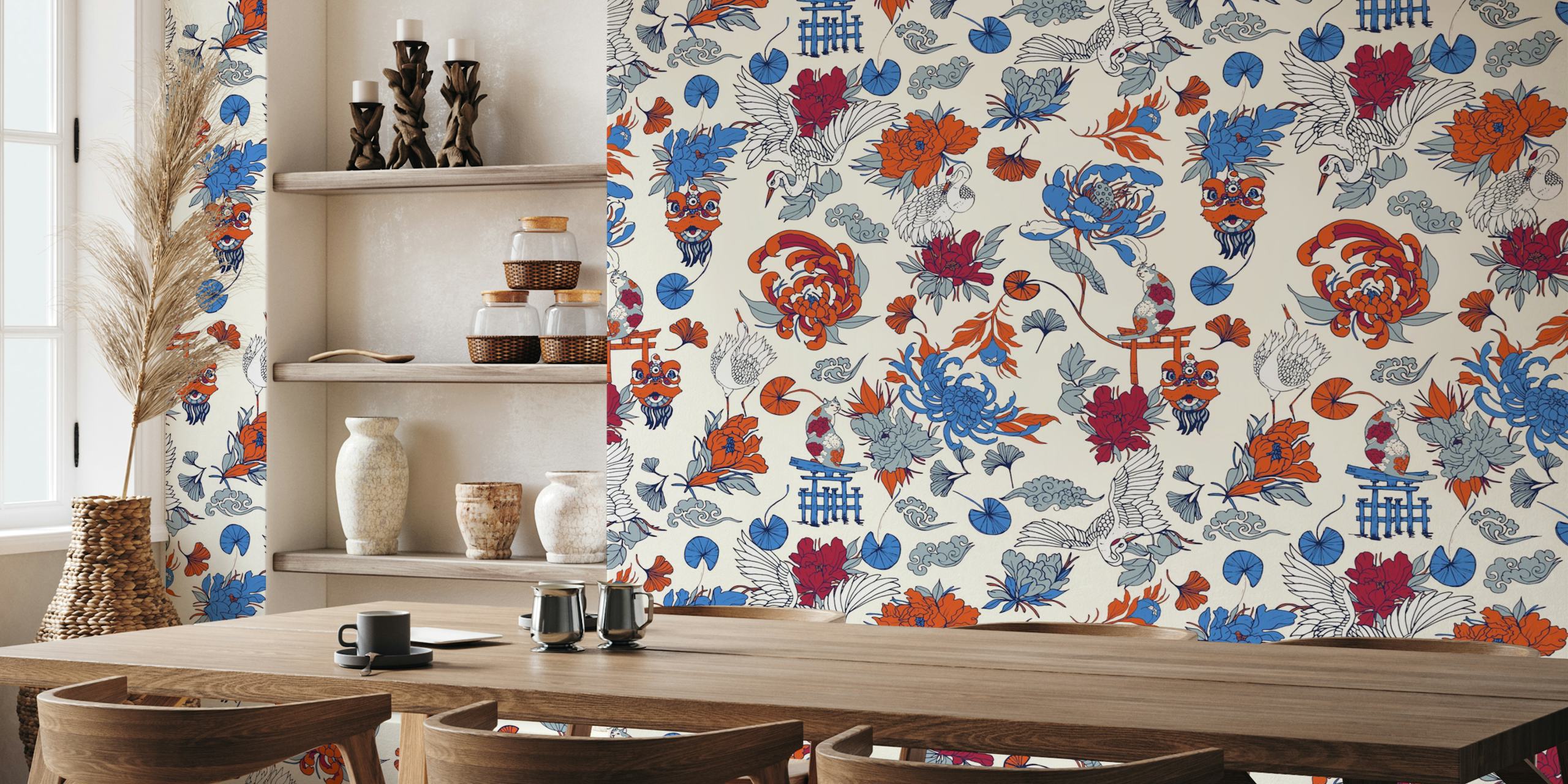 Colorful floral and crane patterns in red, blue, and gray wallpaper