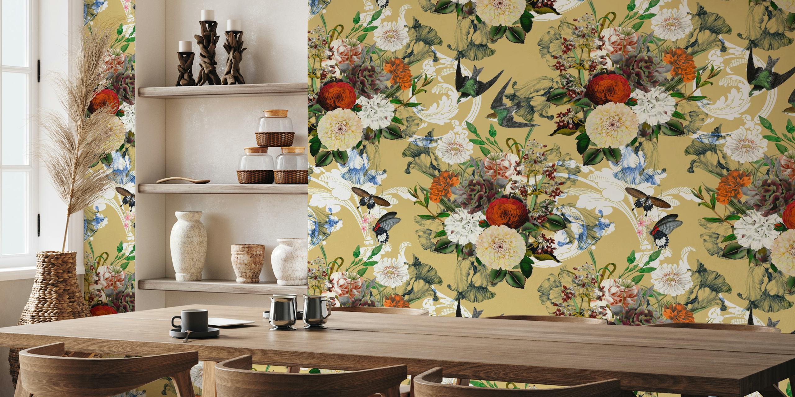 Baroque flower bouquet pattern wallpaper in a room