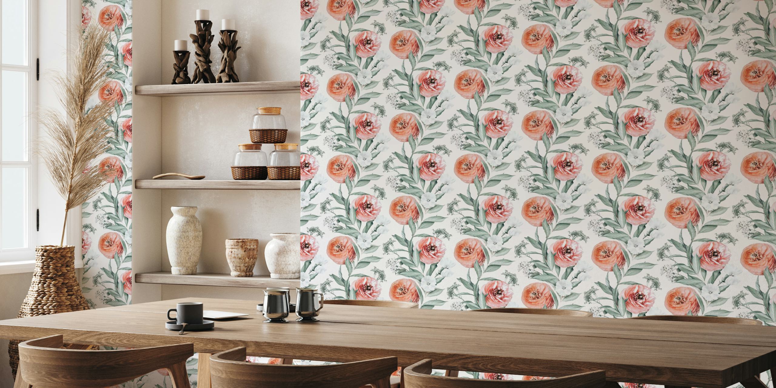 Pink and white floral pattern with green leaves wallpaper