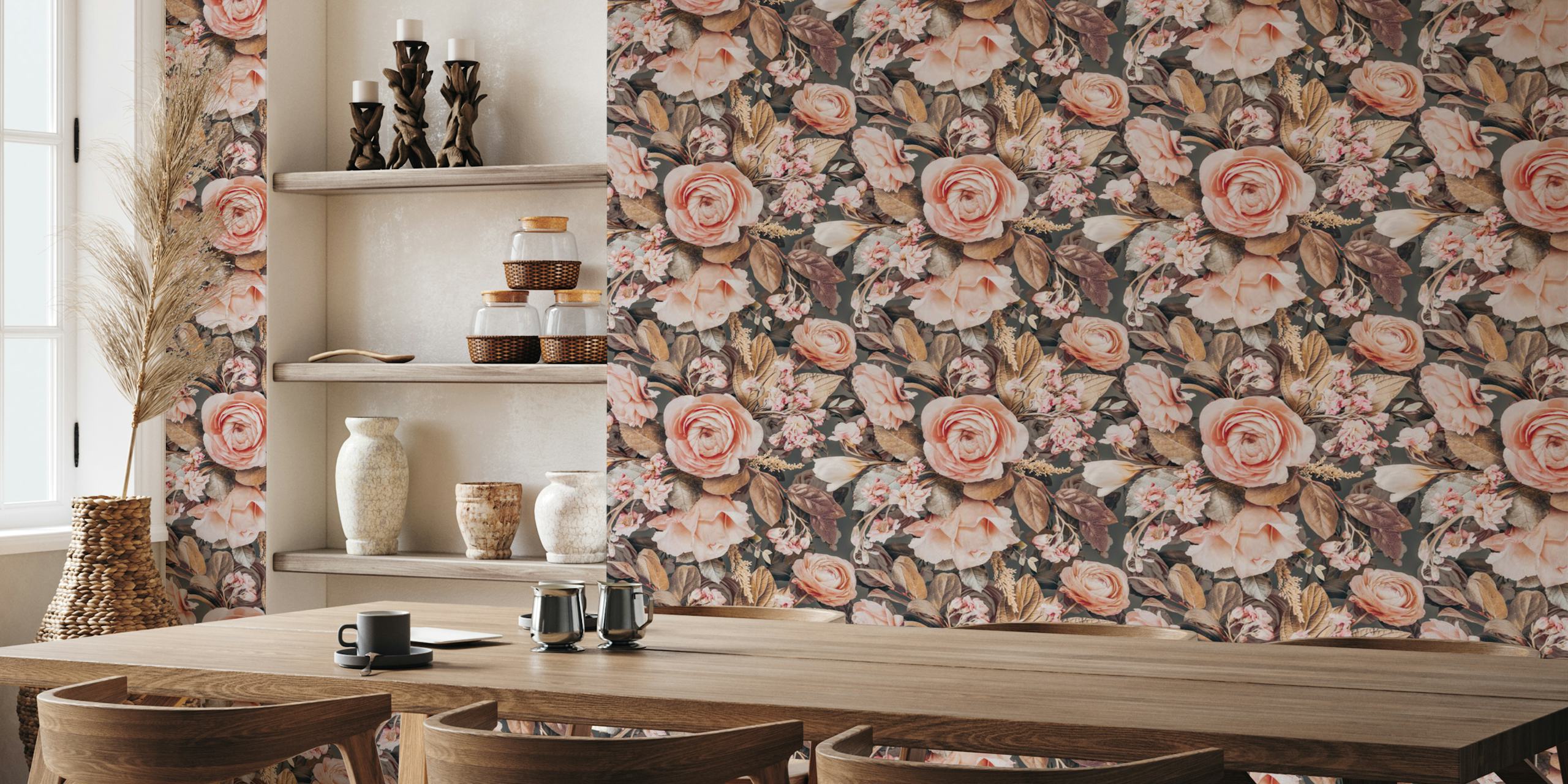 Ethereal Rose Oasis wall mural with soft pink roses on a dark background