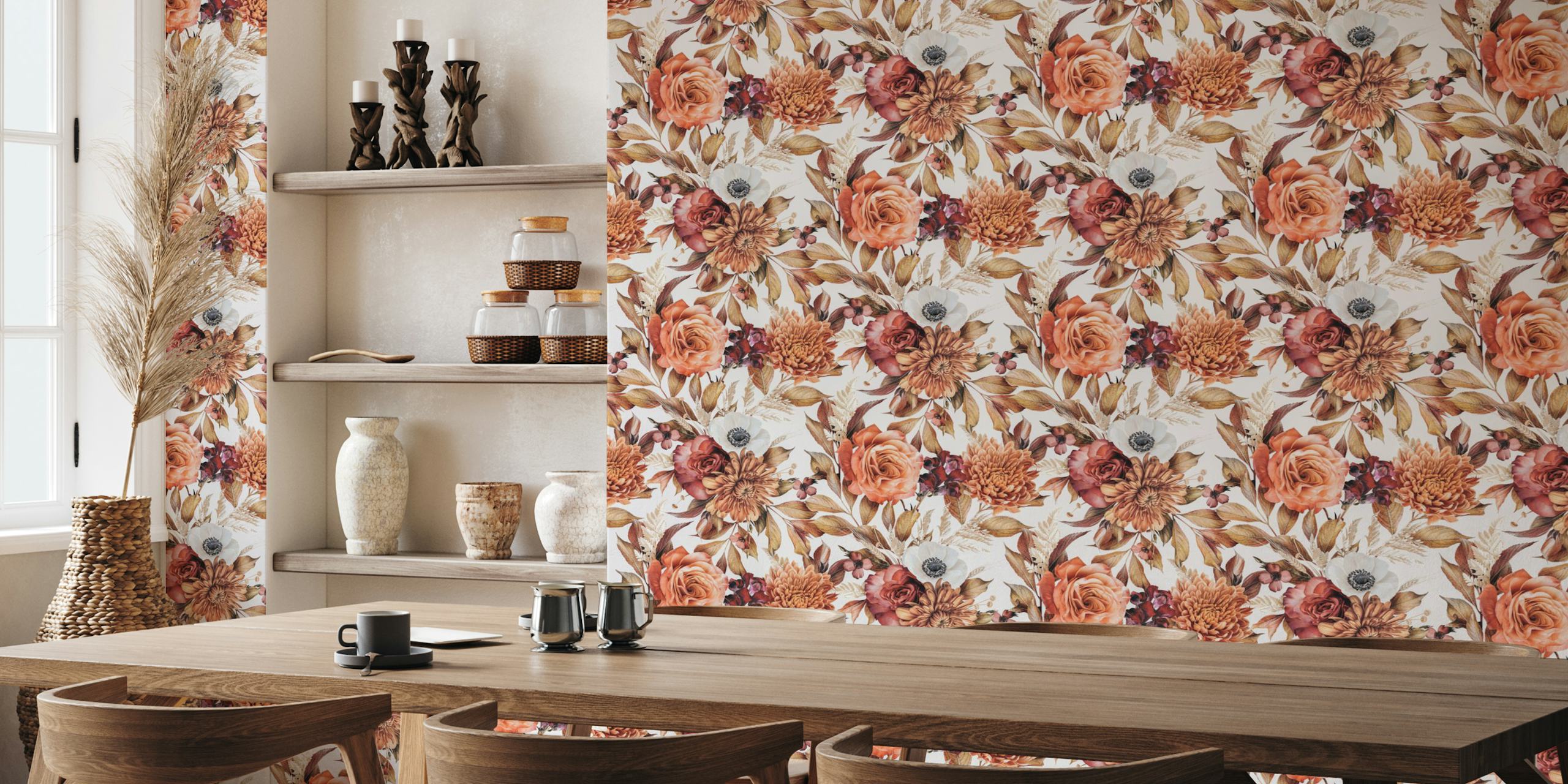 Floral pattern featuring peach roses and golden leaves wallpaper