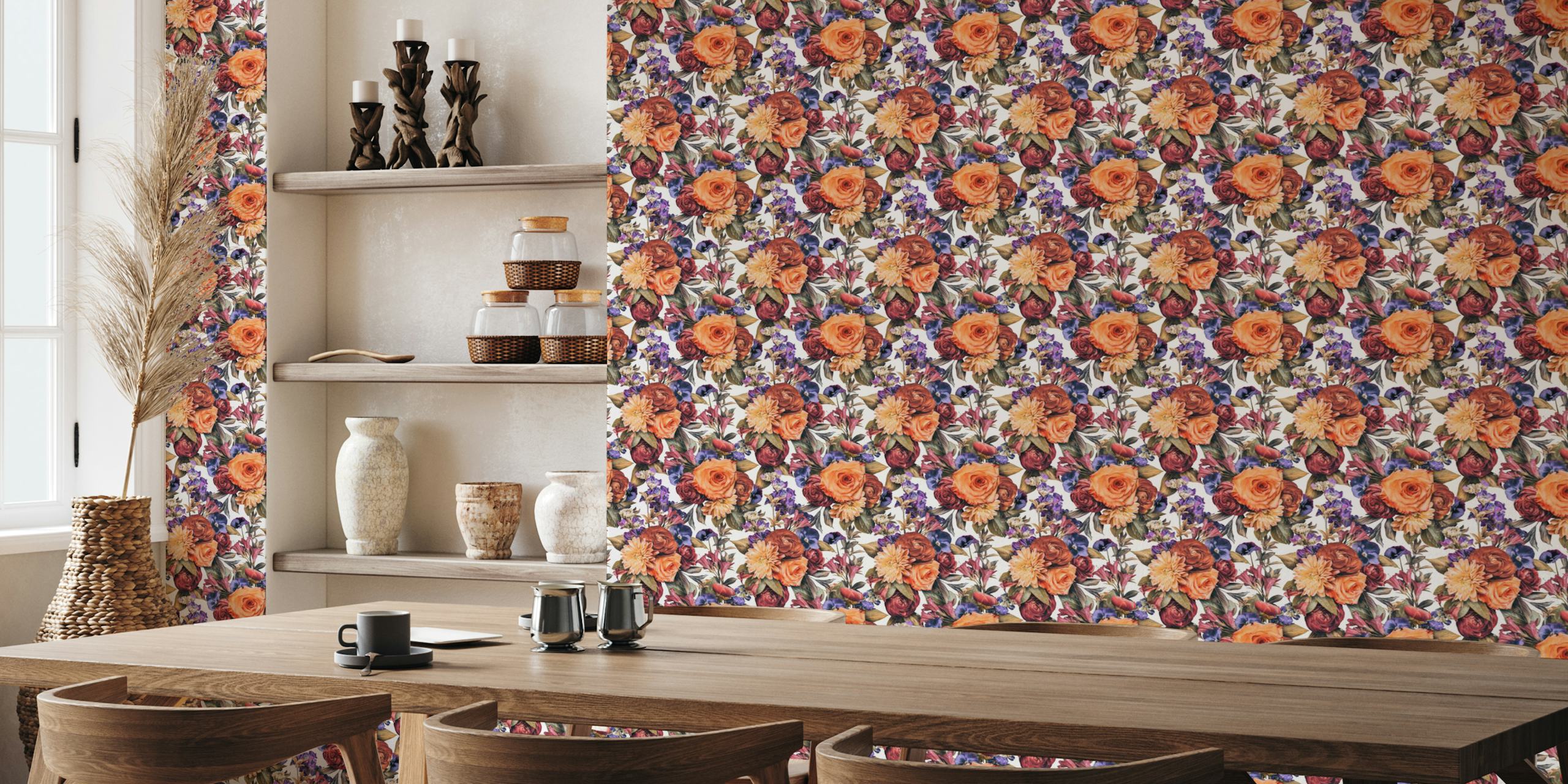 Bloemige wallpaper Enchanted Sunrise in een stijlvolle kamer