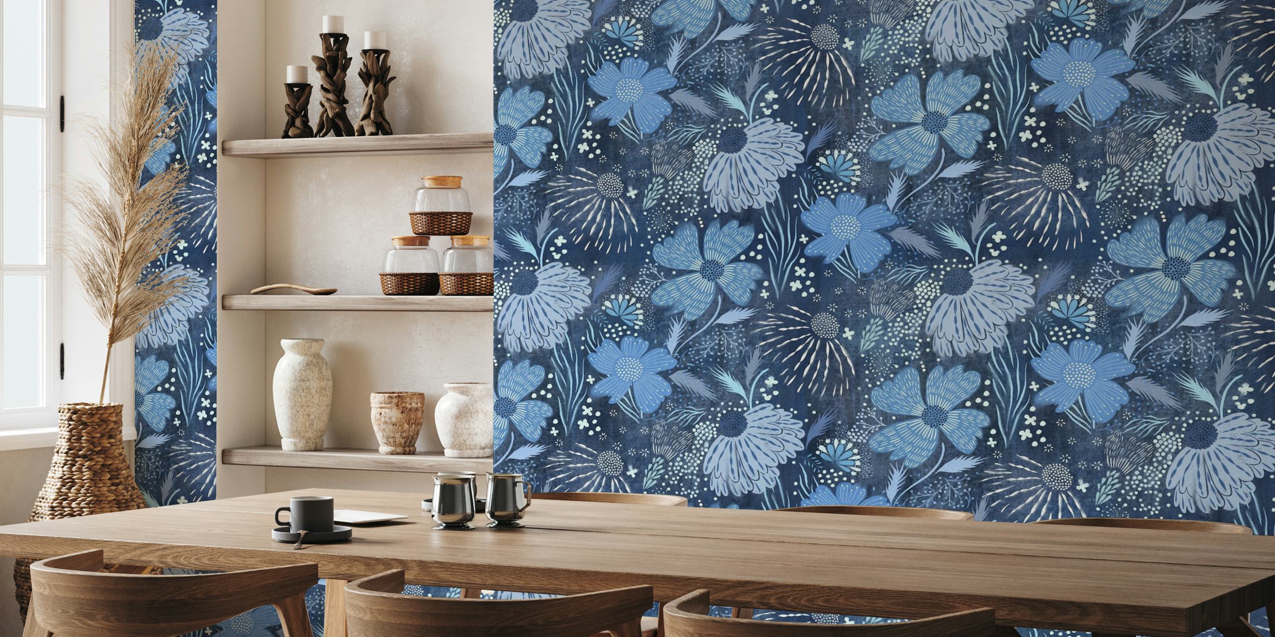 Shibori blue florals wall mural with Japanese inspired indigo and white floral patterns