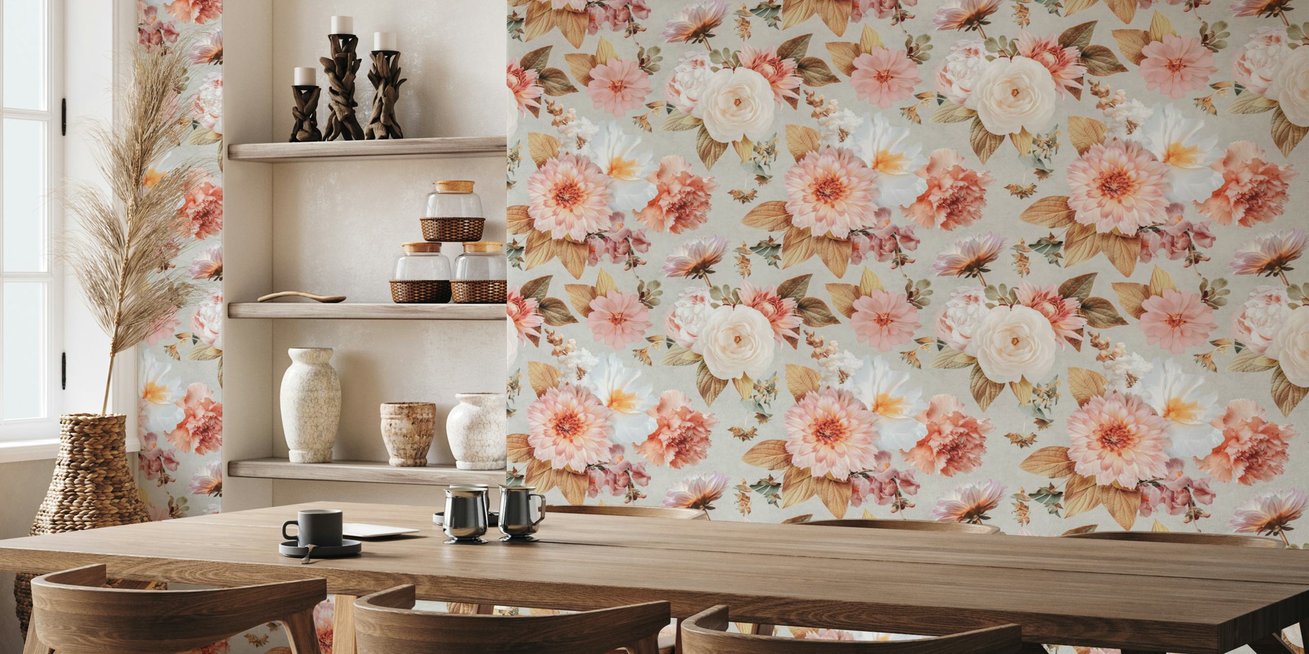 Pastel floral design with roses and leaves in soft colors wallpaper