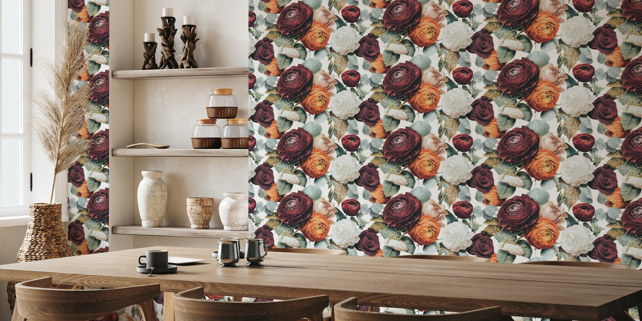 Cloves Daylight floral wall mural with roses in soft daylight shades
