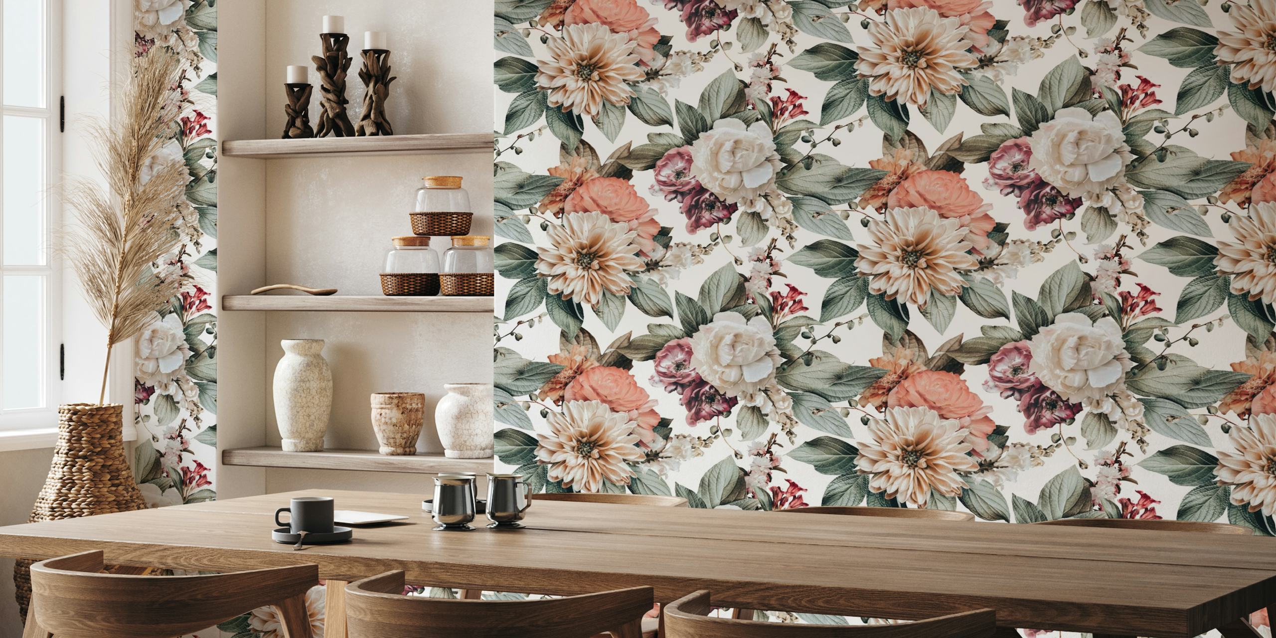 Cloves Lane floral wall mural with blush pink and white blooms and green foliage