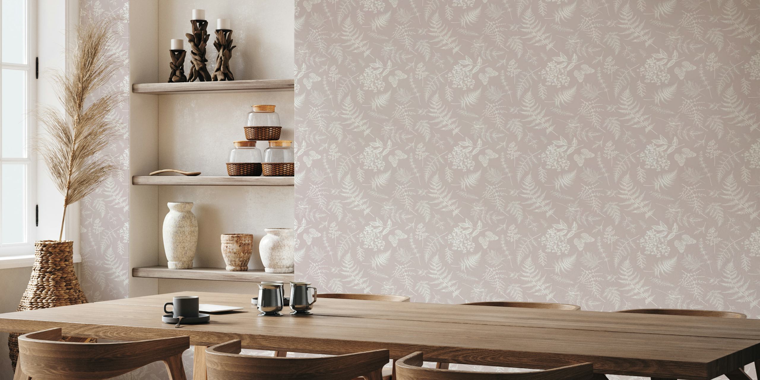 Delicate white floral patterns on soft grey wallpaper