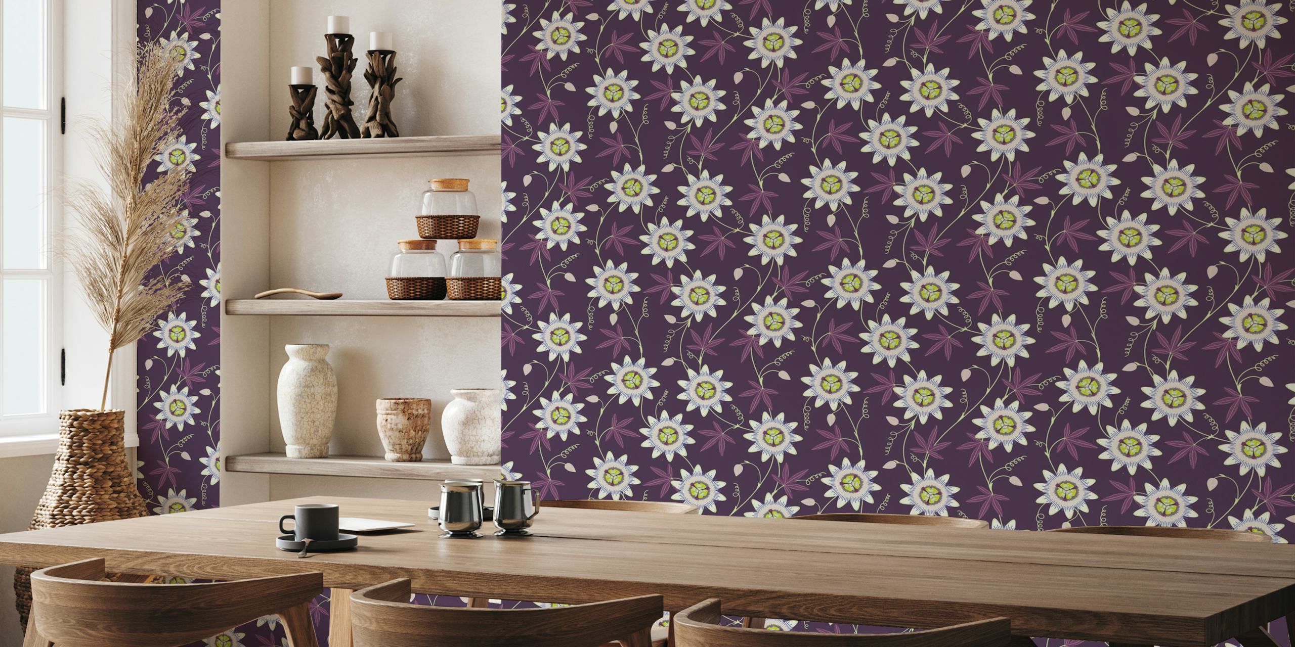 Climbing passionflower wallpaper on dark purple