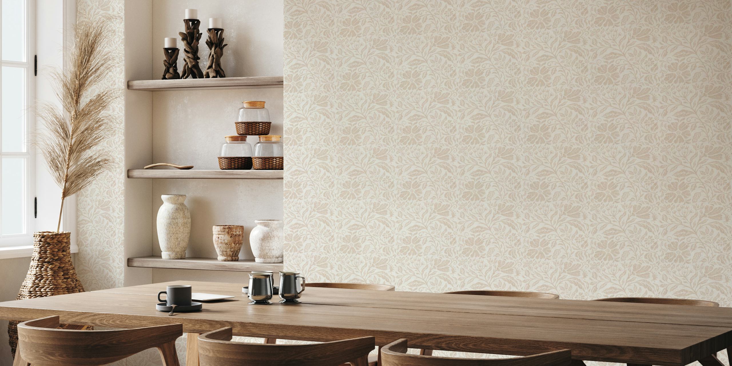 Floral pattern in neutral beige on white background wallpaper