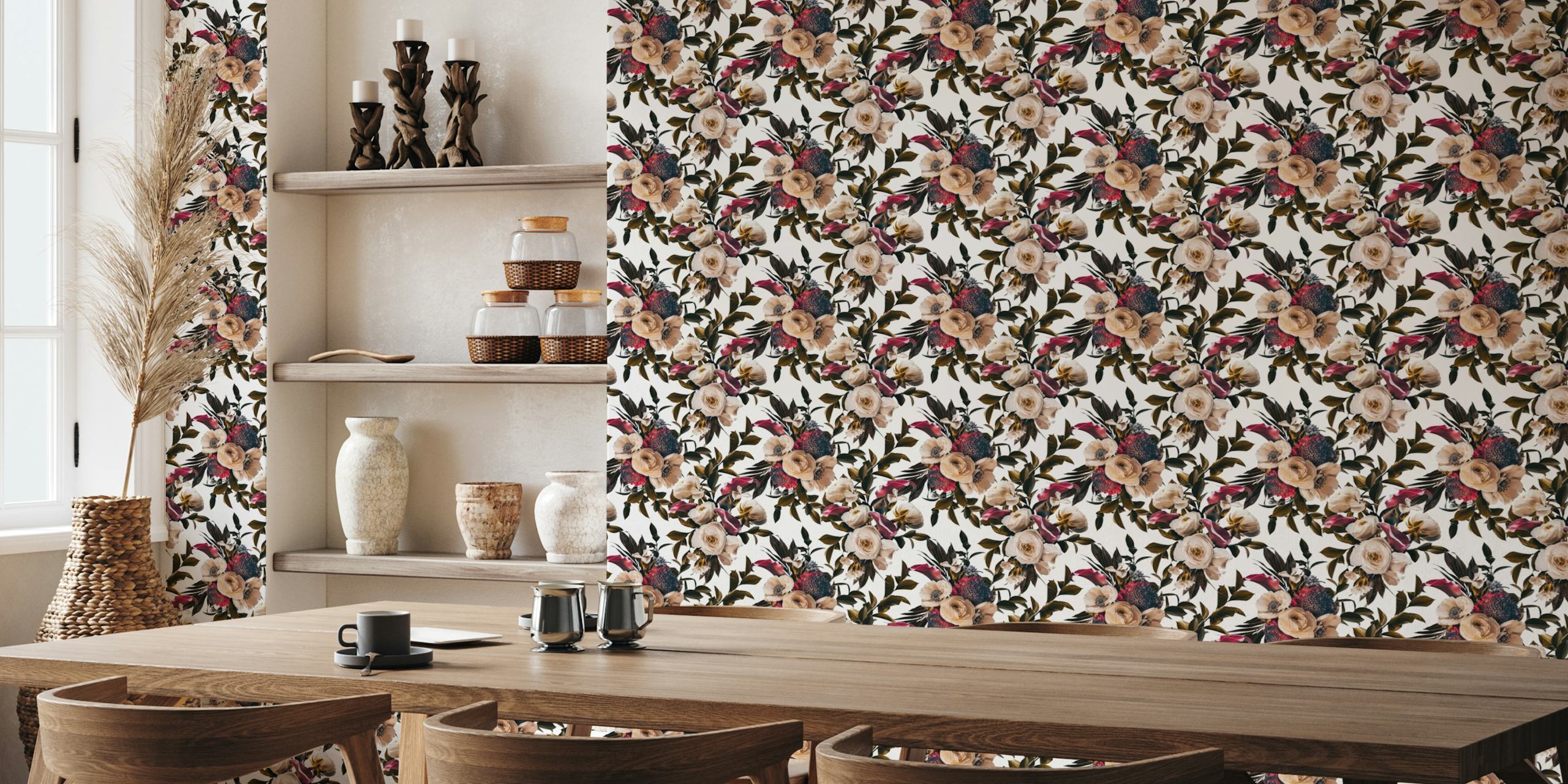 Floral pattern with cream and burgundy roses, greenery wallpaper