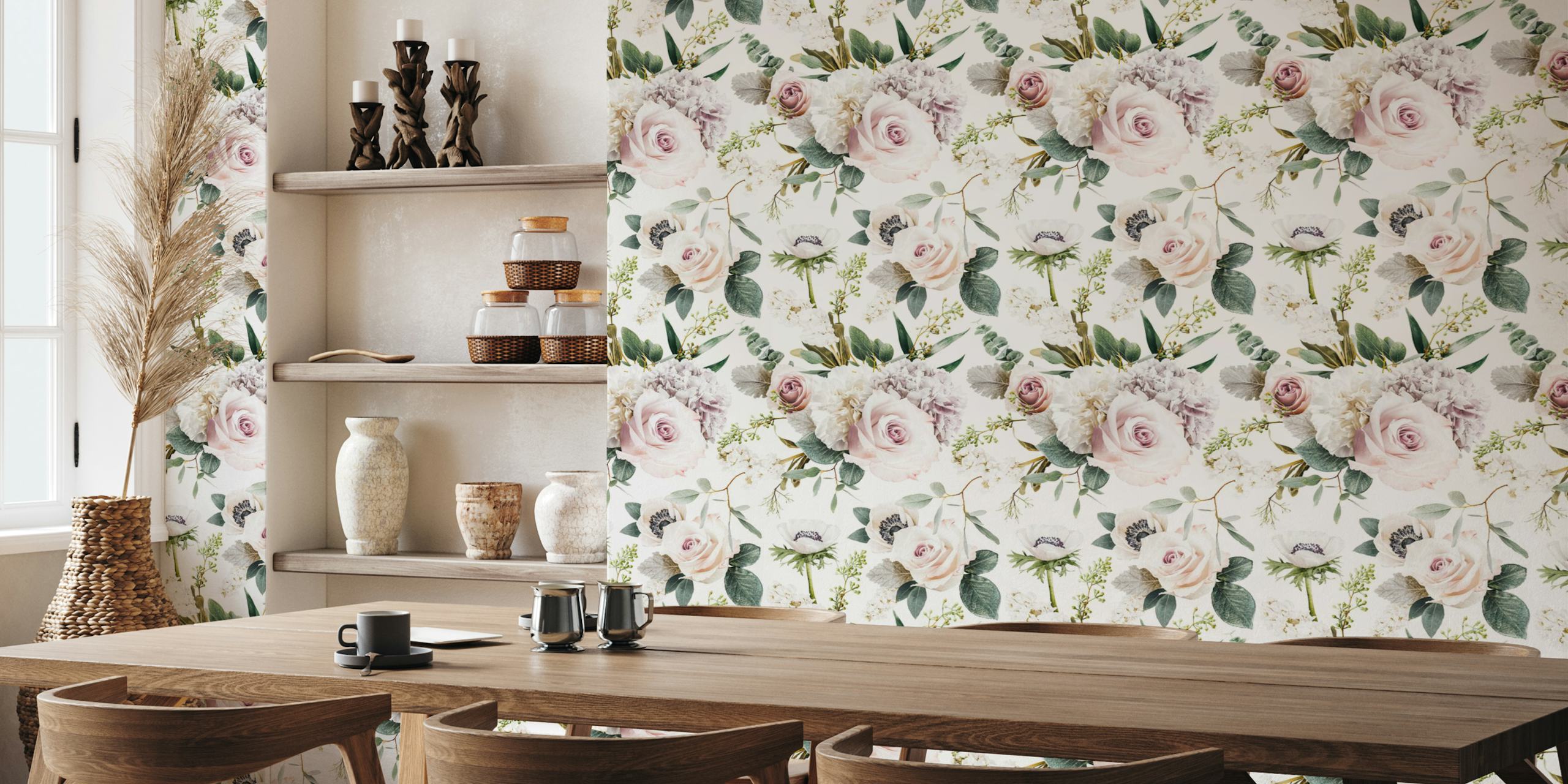 Pink and white roses with green leaves floral wallpaper