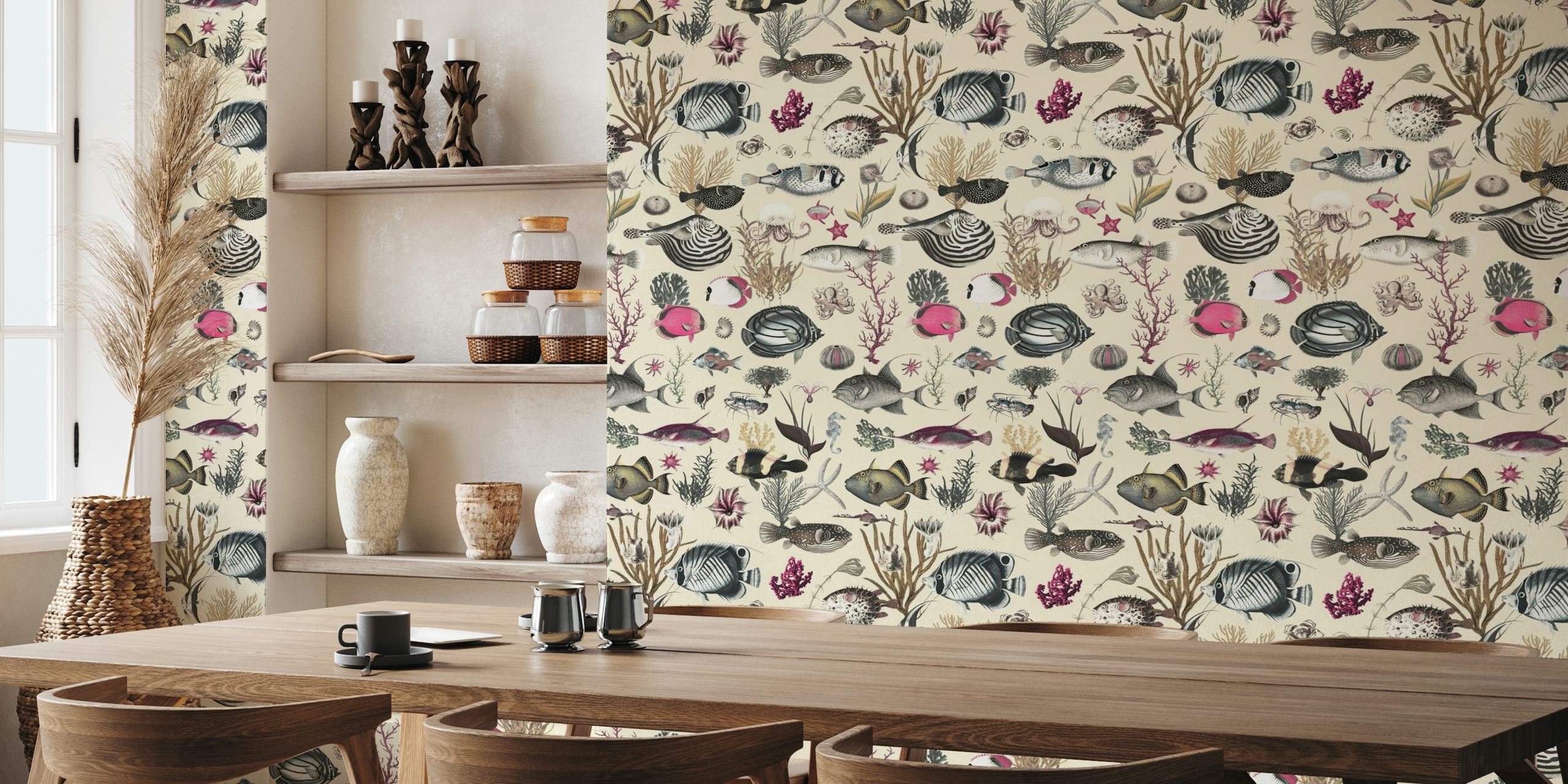 Oceania pattern in cream fuchsia olive wallpaper