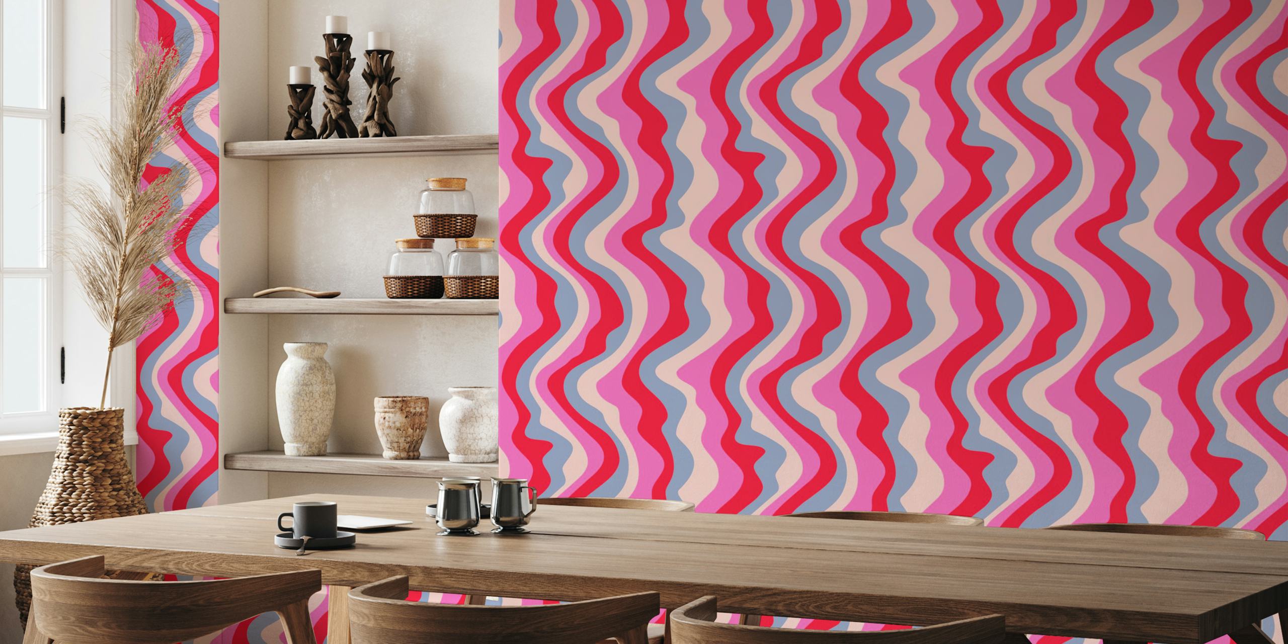 Wavy Stripes tapetti fuksia ja punaista