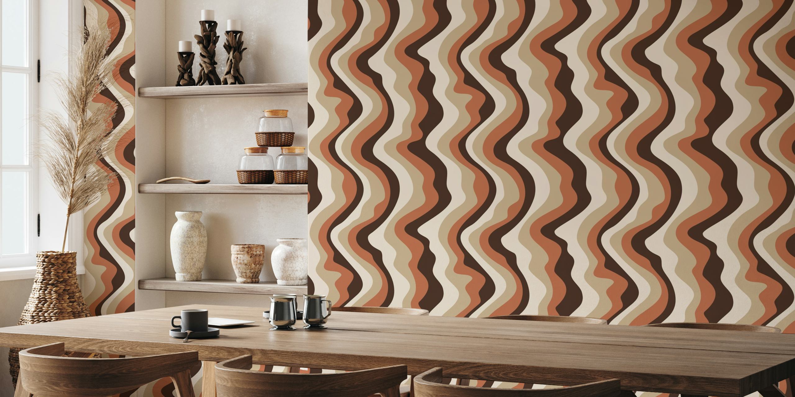 Wavy stripes in brown and beige tones modern wallpaper