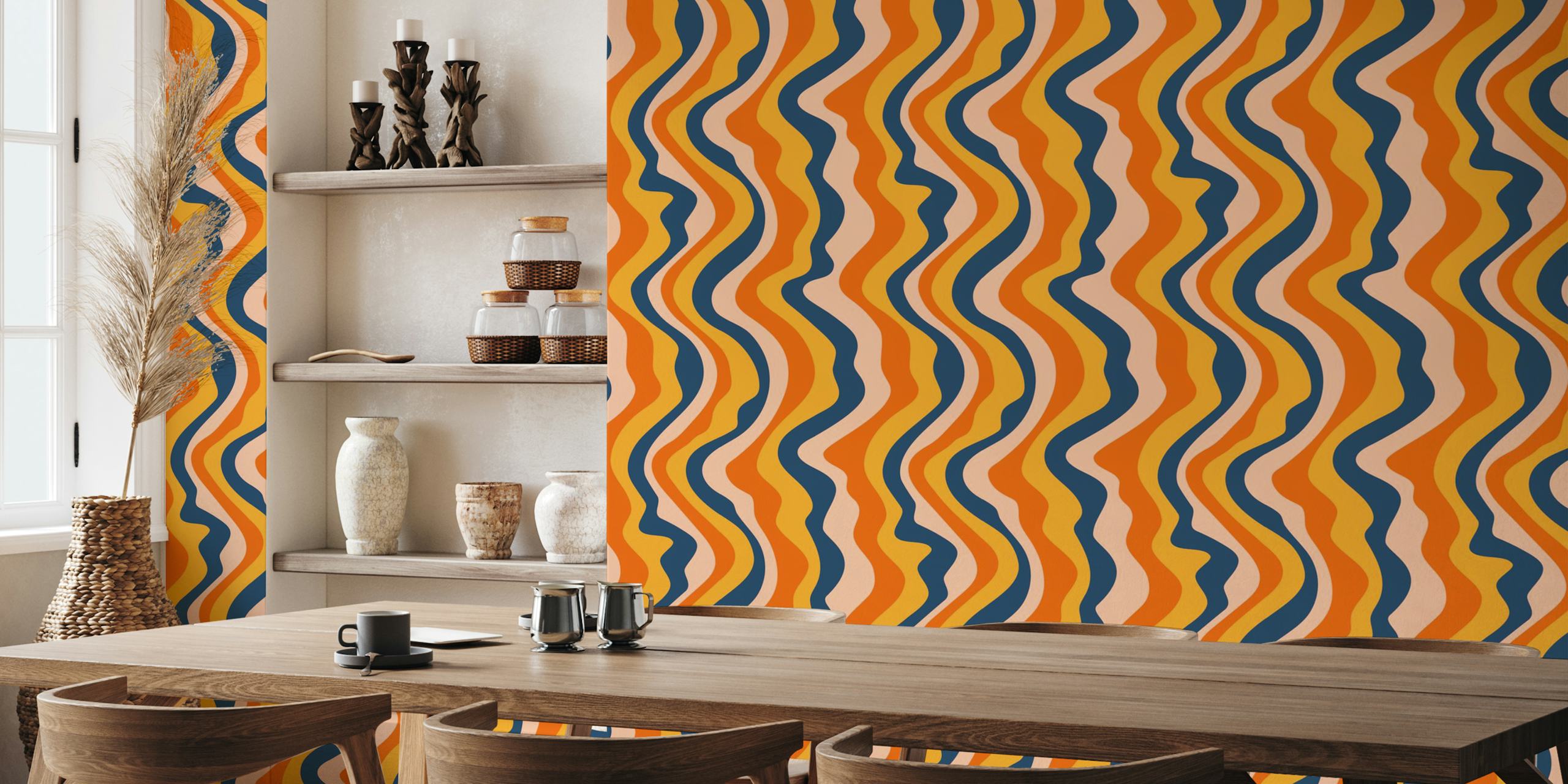 Wavy stripes rust navy wallpaper in a room