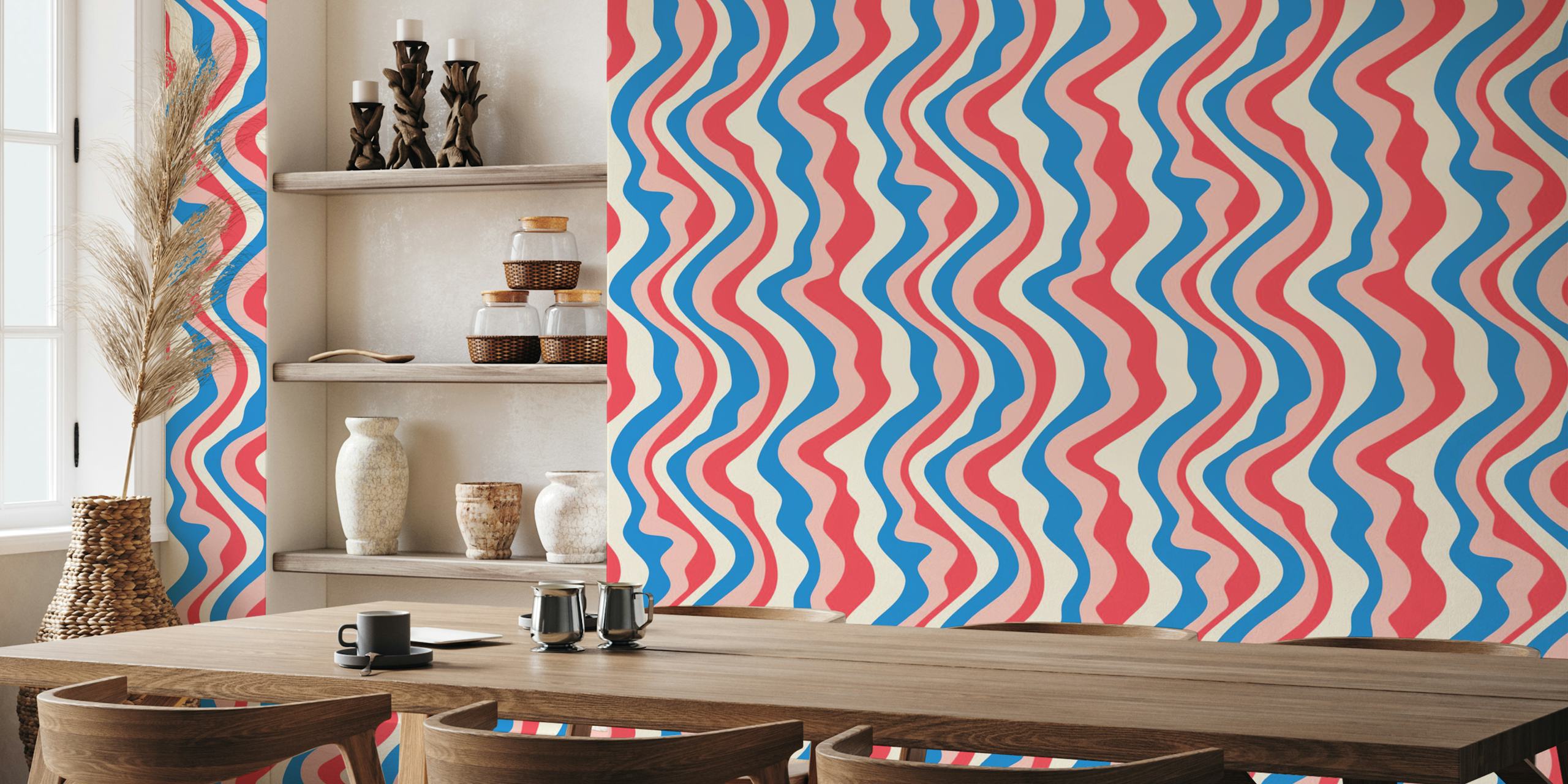 Wavy stripes in red, blue, and pink on cream background wallpaper