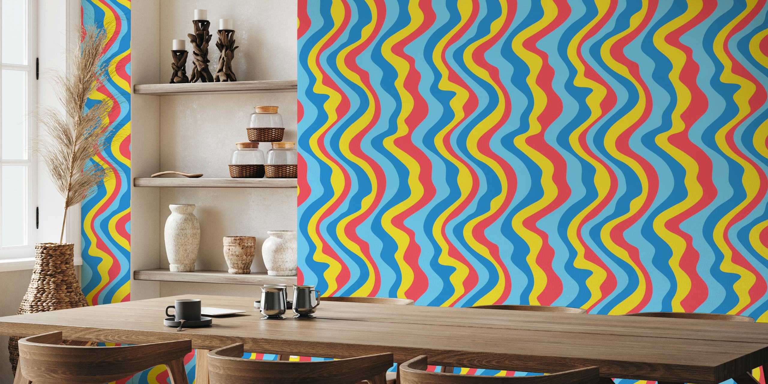 Colorido Diseño De Mural De Pared Good Vibraciones Mod Wavy Stripes Blue Yellow Con Líneas Onduladas De Inspiración Retro.