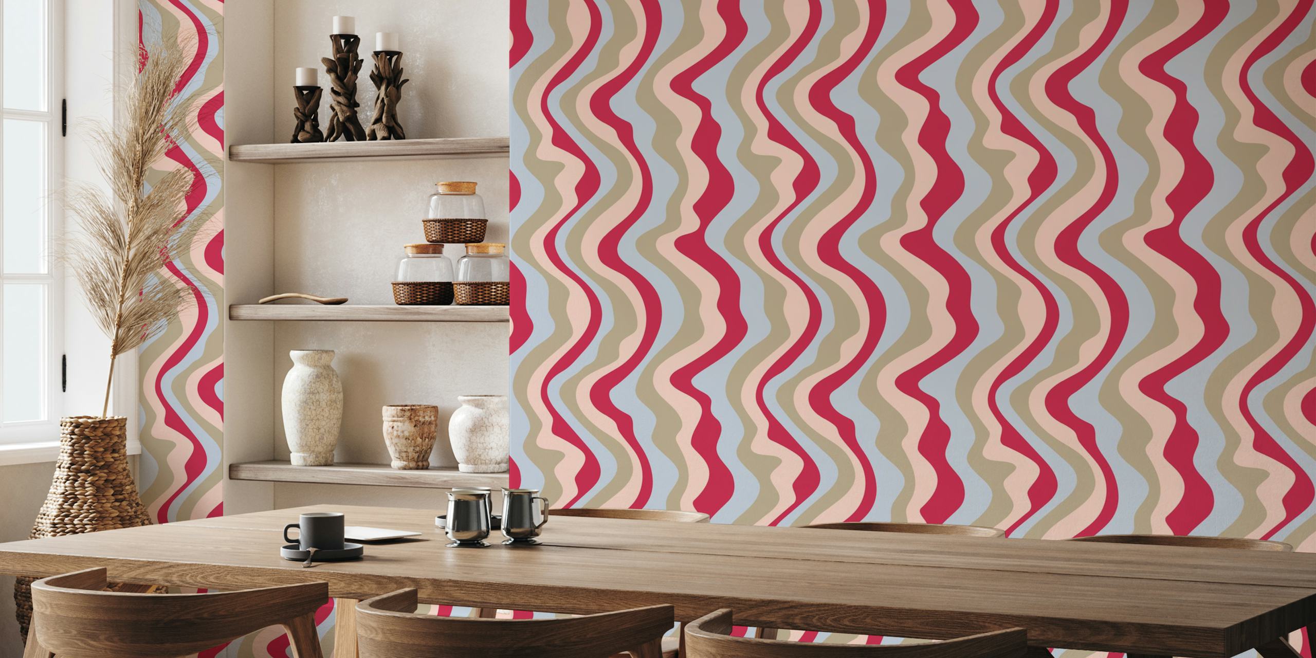 Wavy stripes in magenta red, beige, and blue wallpaper