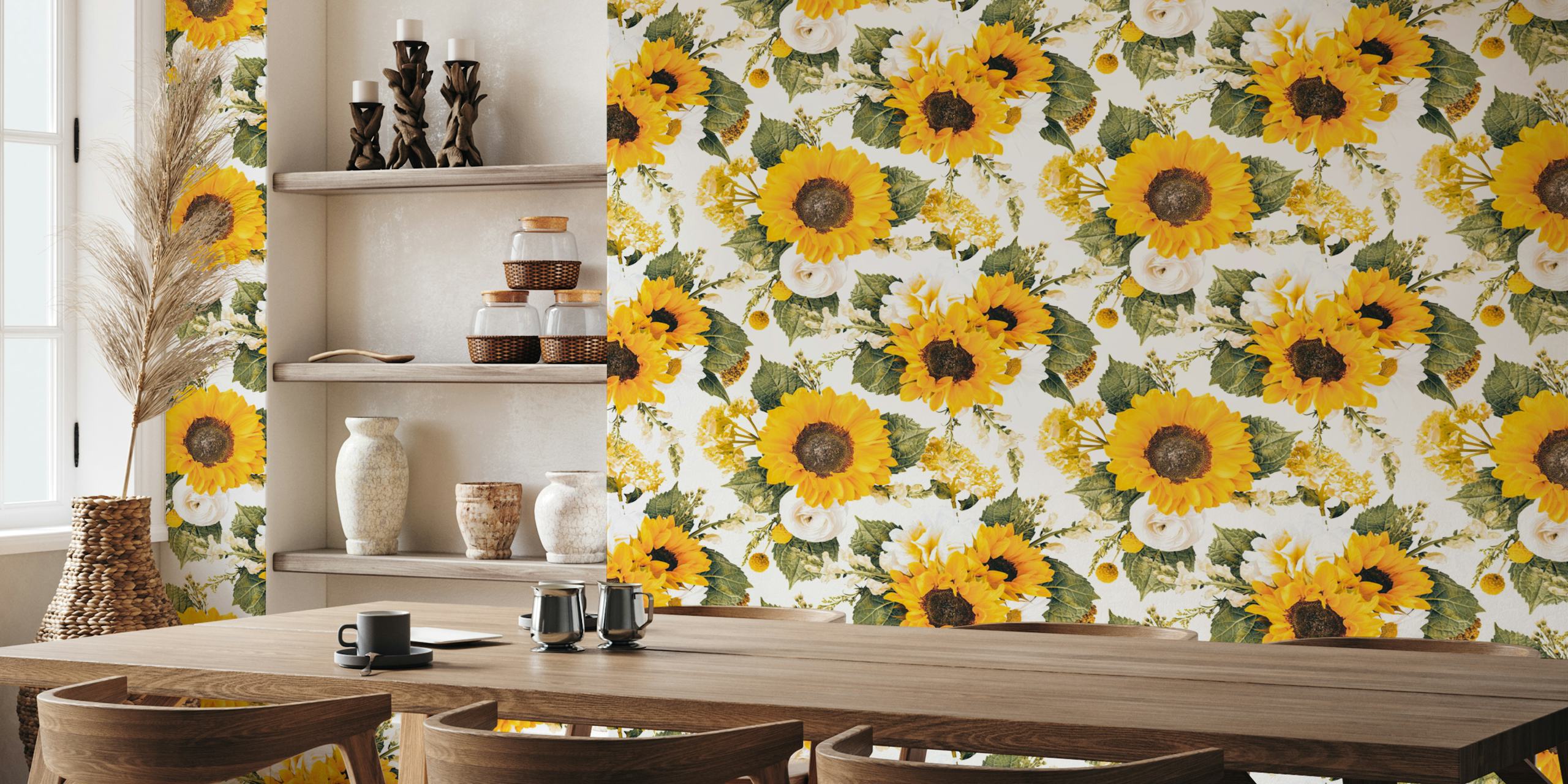 Lyse solsikker og hvite blomsterveggmalerier