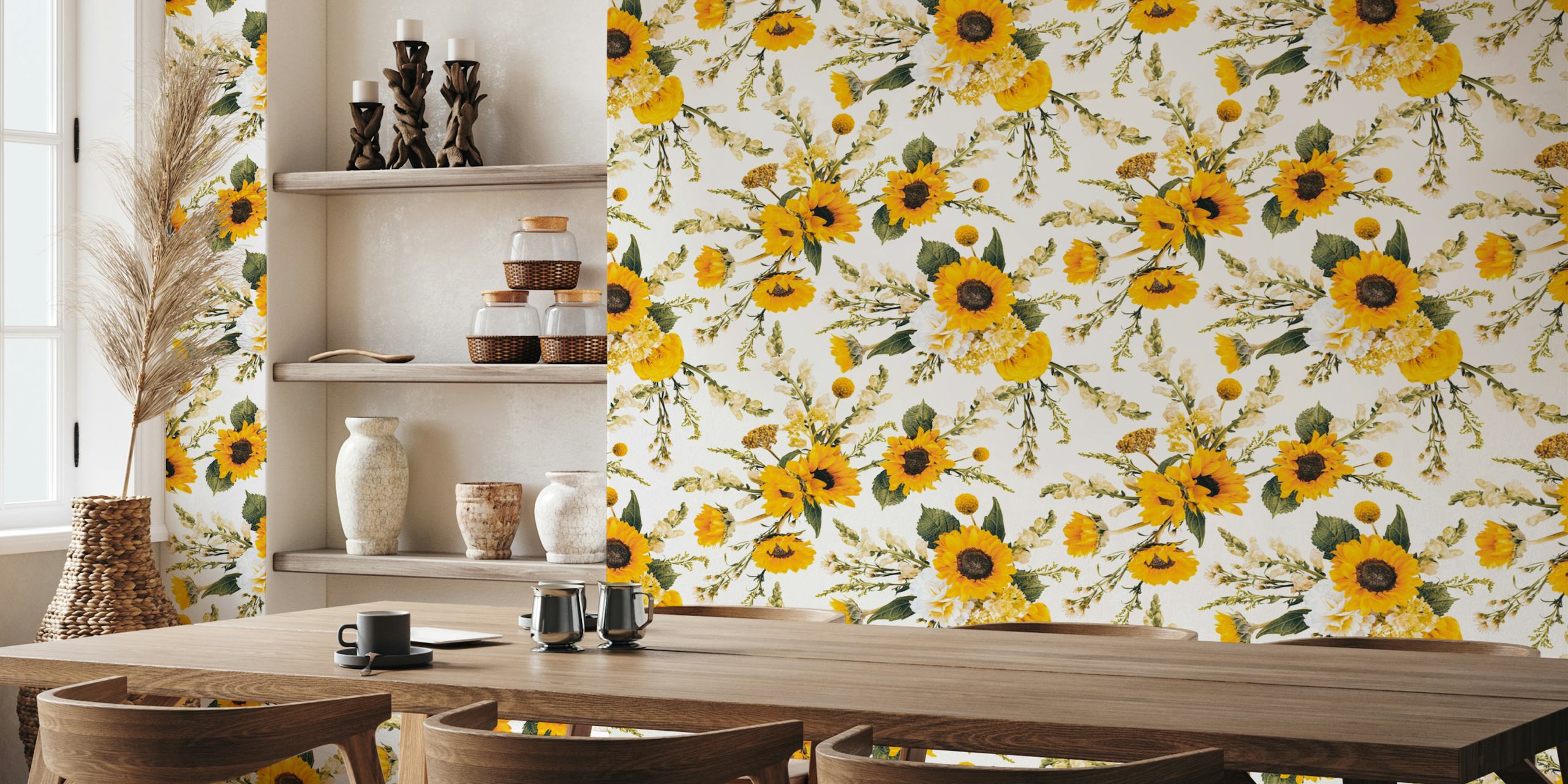 Yellow sunflower and floral wallpaper design with white background