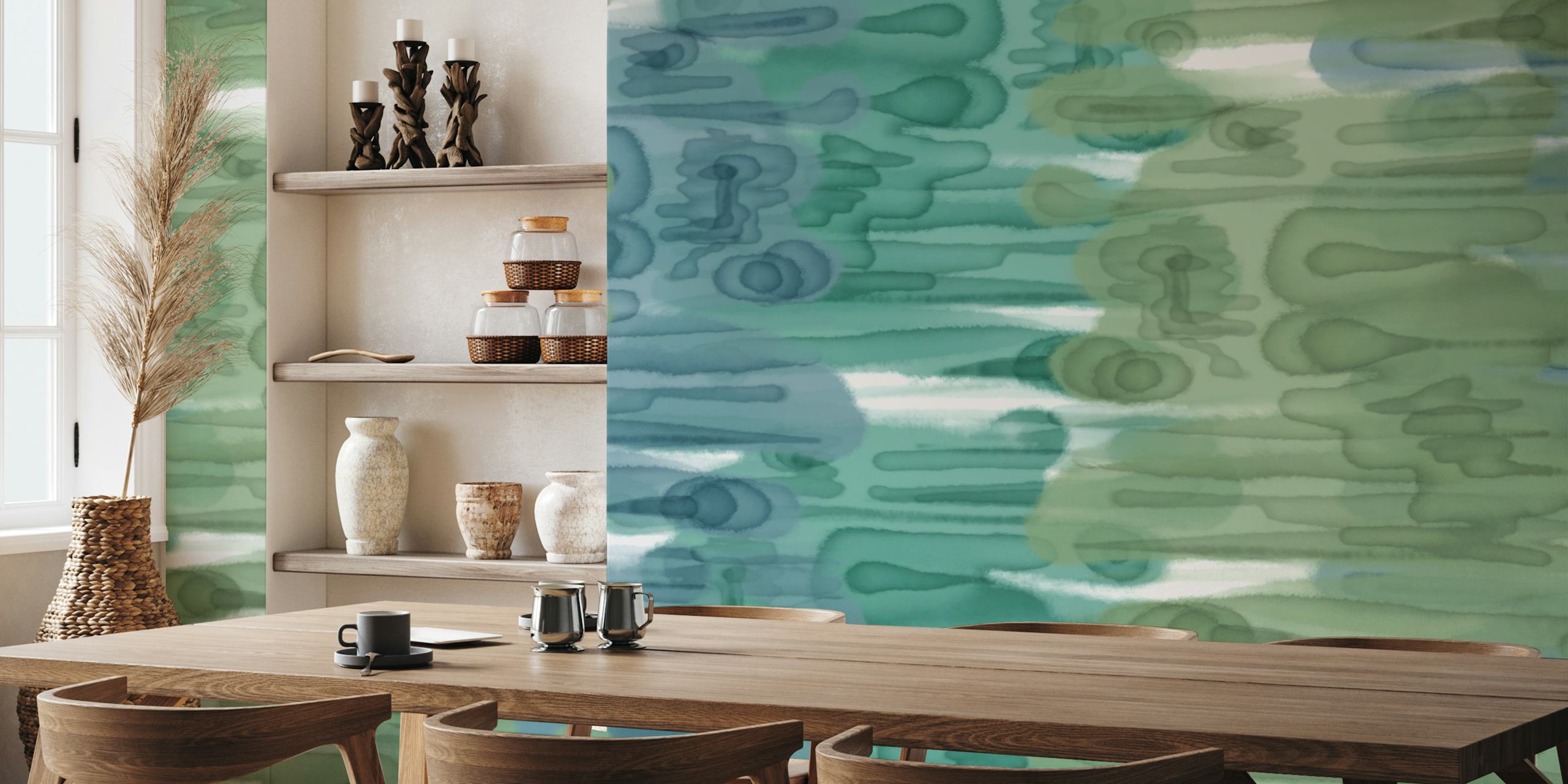 Abstract wallpaper with flowing green and blue patterns
