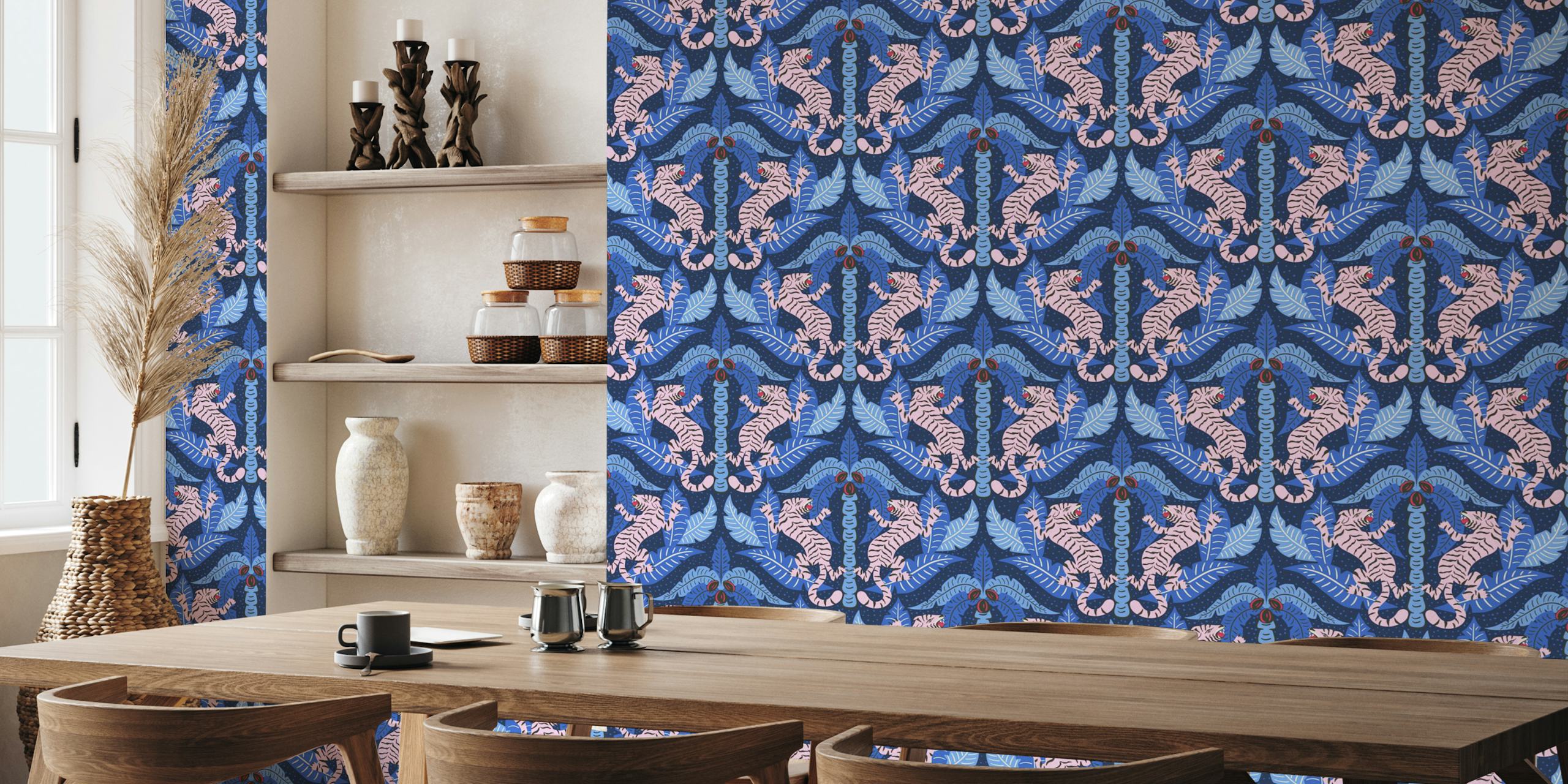 Pink tigers and blue palm leaves on dark background wallpaper
