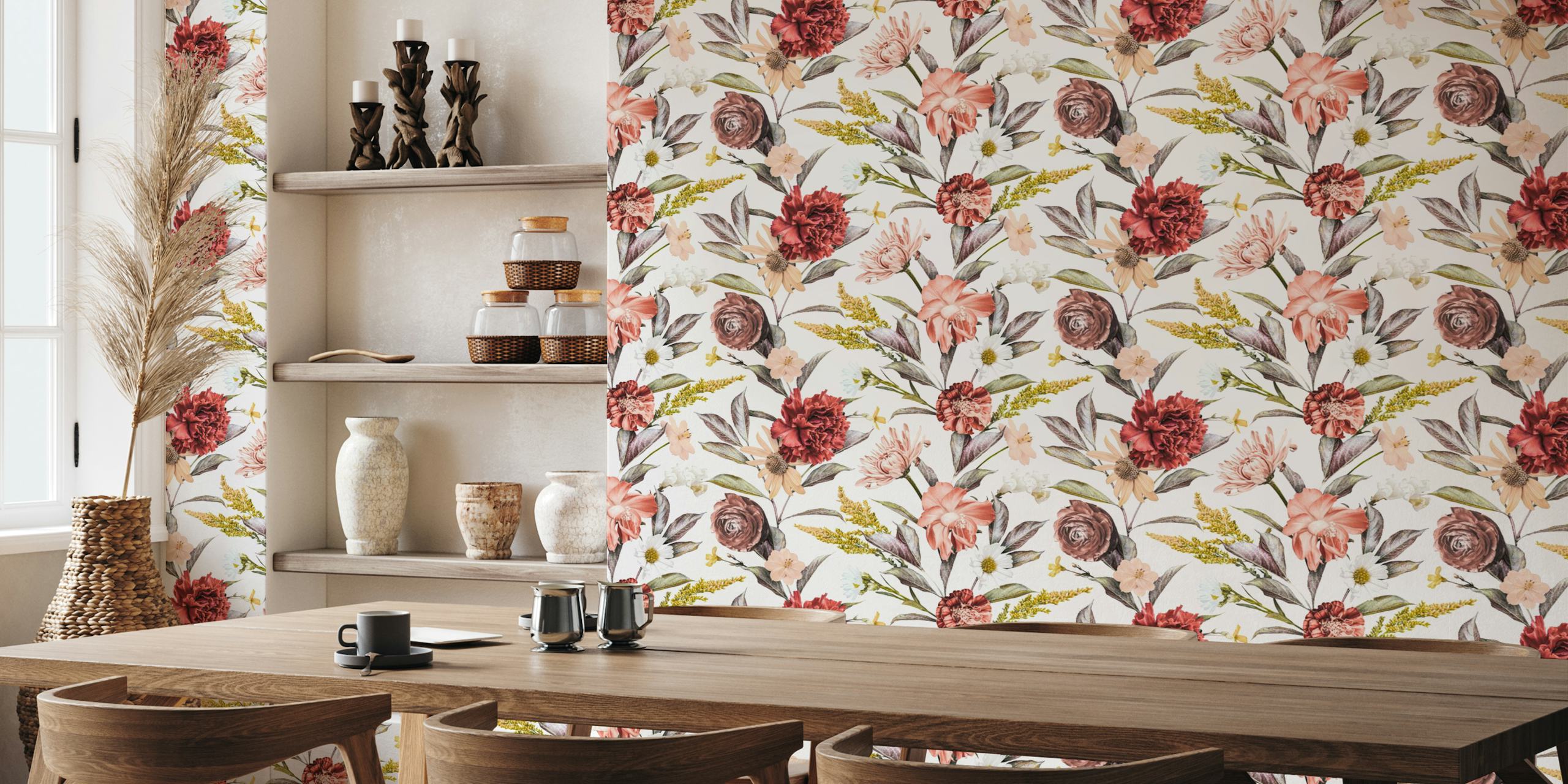 Elegant Baroque-style floral tapestry wall mural with lush flowers and foliage.