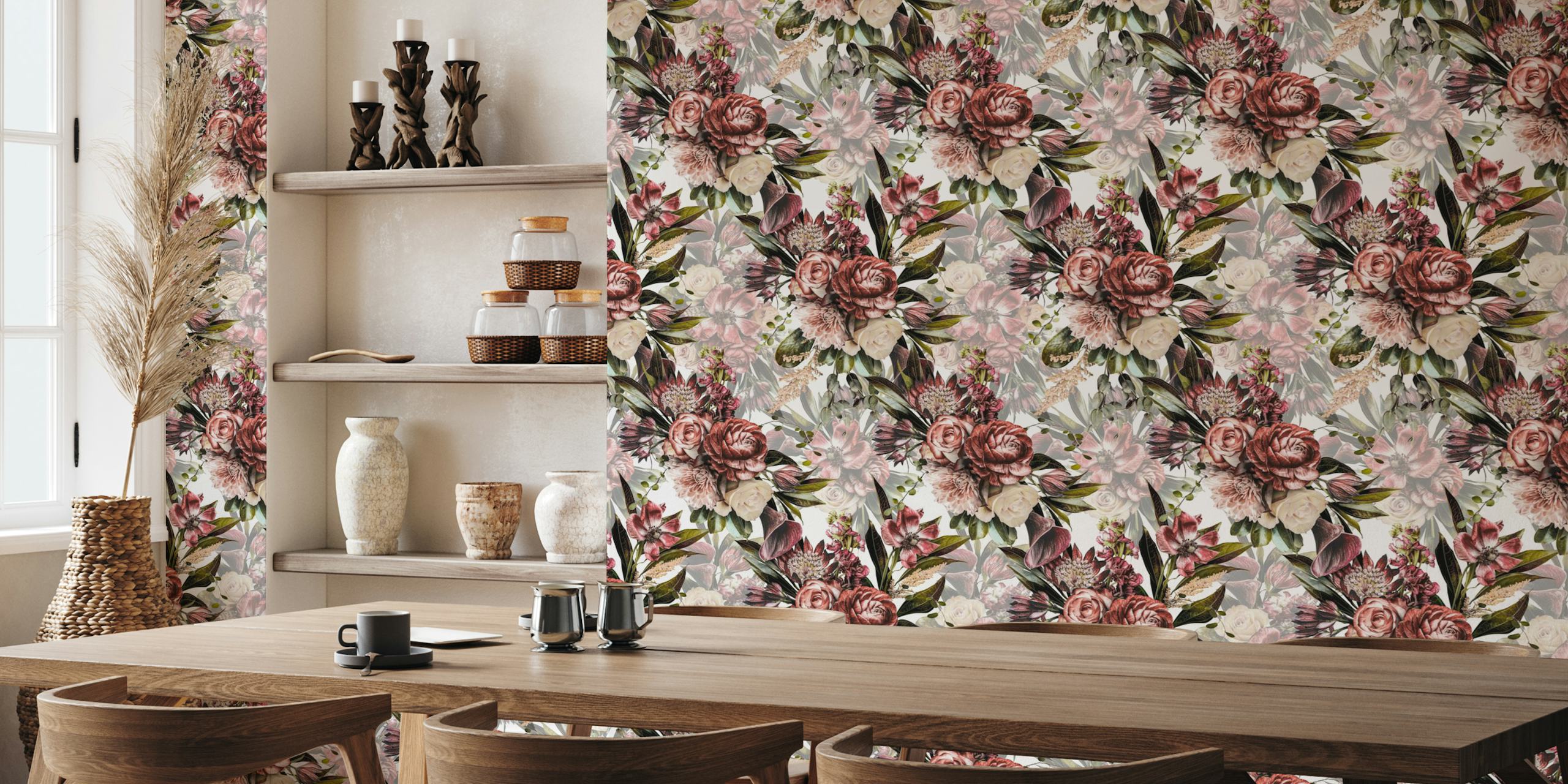 Vintage floral design with roses, lilies, and greens wallpaper